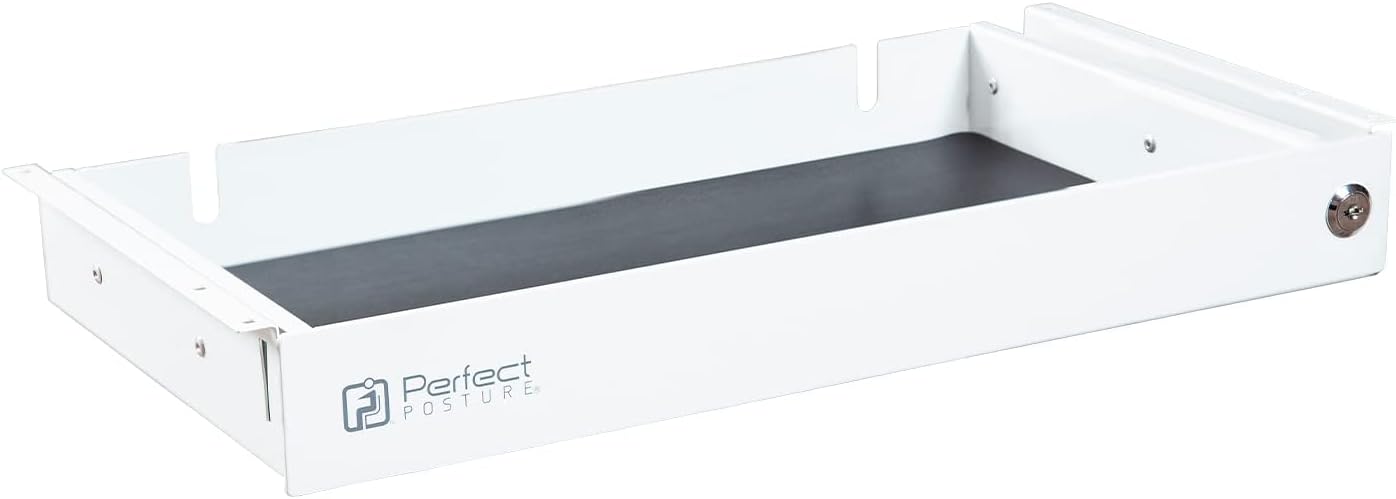 Perfect Posture Max Under Desk Storage Drawer – Large Desk Drawer with Lock for Regular & Sit-Stand Standing Desks, White (19.5" x 7.5")