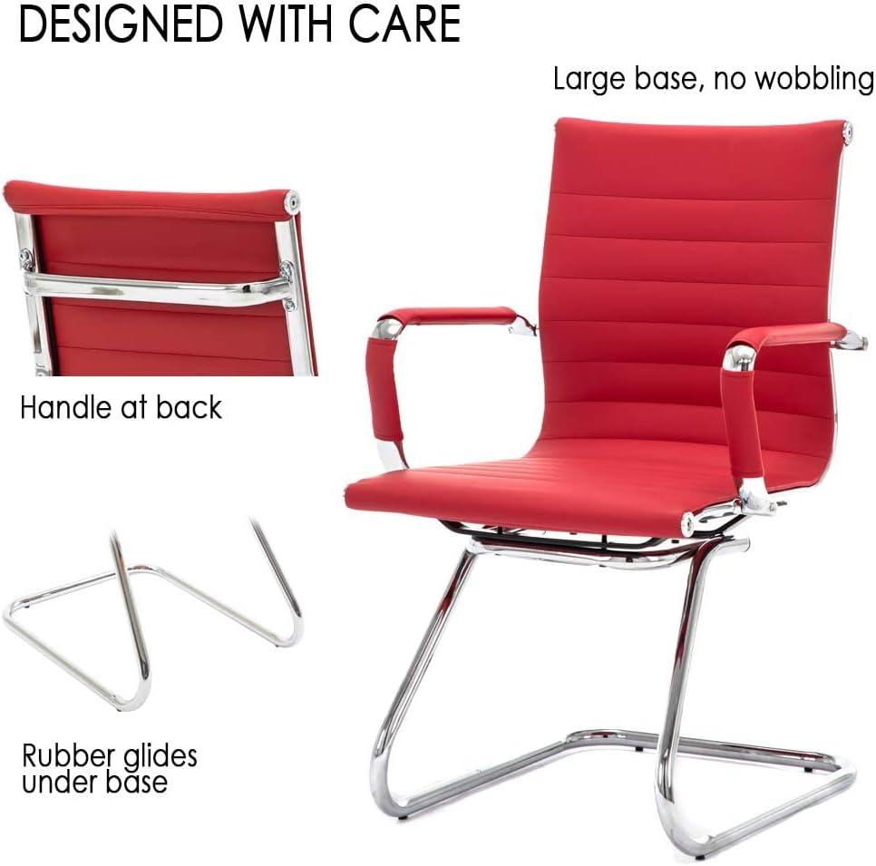 Office Desk Chair Set of 4,No Wheels PU Leather Computer Chairs Mid Back Guest Chairs with Seld Base for School/Reception/Conference/Waiting Room, Burgundy Red