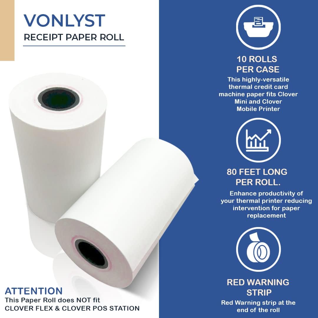 Receipt Paper for Clover Mini and Clover Mobile Thermal Printer 2 1/4 x 80 (10 rolls)