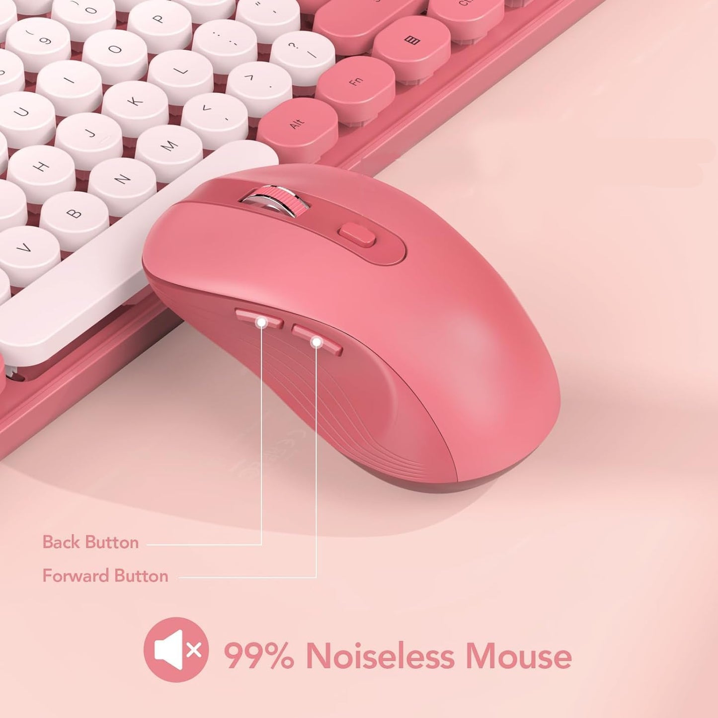 Wireless Keyboard and Mouse Combo, Retro Round Keycap Typewriter Keyboard with Phone/Tablet Holder, Cute Colorful Keyboard for Computer/Laptop/Windows by SABLUTE (Pink)