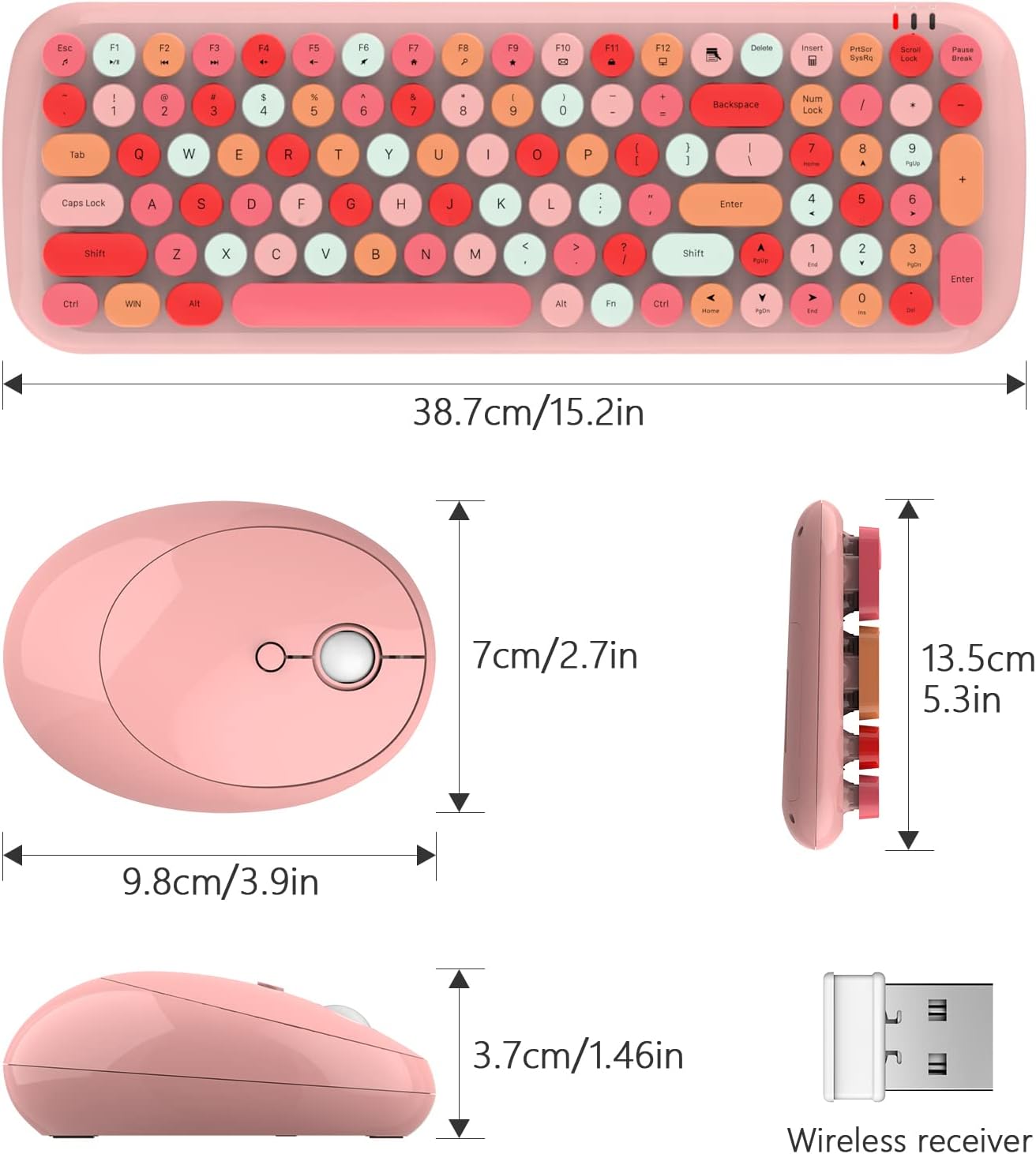 Wireless Keyboard and Mouse Combo, MOWUX - Modern Compact Layout, Colorful Compact Candy Mouse and Retro Round Keyboard Set with Cover, for PC/Laptop/Windows/Mac - Pink Colorful
