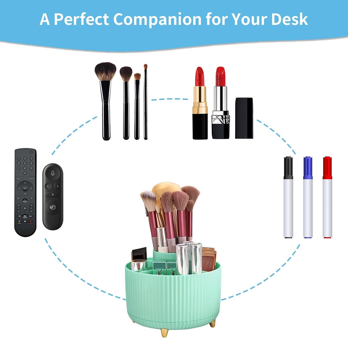 Marbrasse Desk Organizer, 360-Degree Rotating Pen Holder, Desk Organizers and Accessories with 5 Compartments Pencil Holder, Art Supply Storage Box Caddy for Office, Home (Mint Green)
