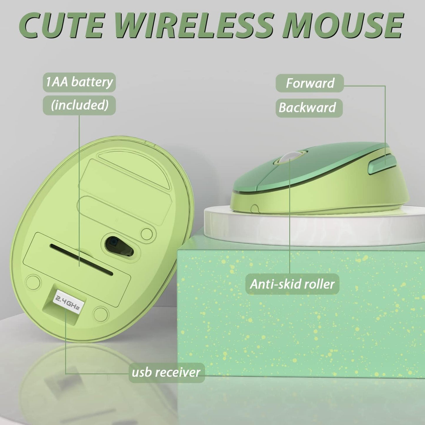 Wireless Keyboard and Mouse Combo, Cute Colorful 104-Key Typewriter Retro Round Keycaps Keyboard for PC Laptop,Windows,Desktop,Perfer for Home and Office Keyboards (Green)
