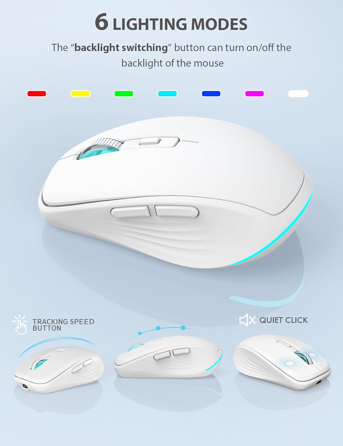 SABLUTE Wireless Keyboard and Mouse Combo Backlit - Compact Quiet Keyboard with RGB Mouse, Rechargeable, Slim, Sleep Mode, Portable Cordless Keyboard Mouse Set for Mac, Windows, Laptop (Polar White)