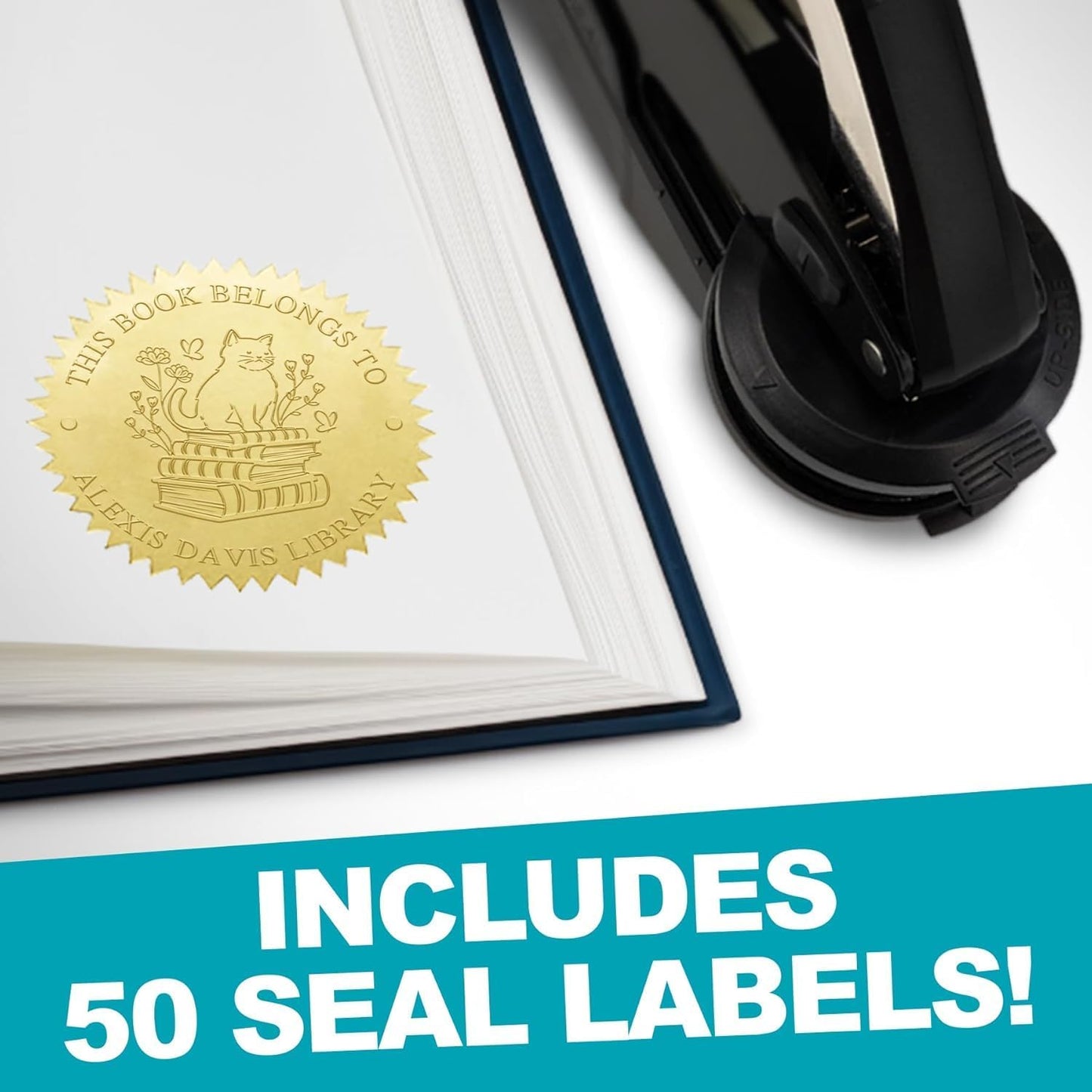 Custom Library Embosser - Style 104 - Embosser, Wood Stamp or Self Inking Stamp - Book Embosser Includes 50 Gold Seals - Custom Stamp Seal from The Library of