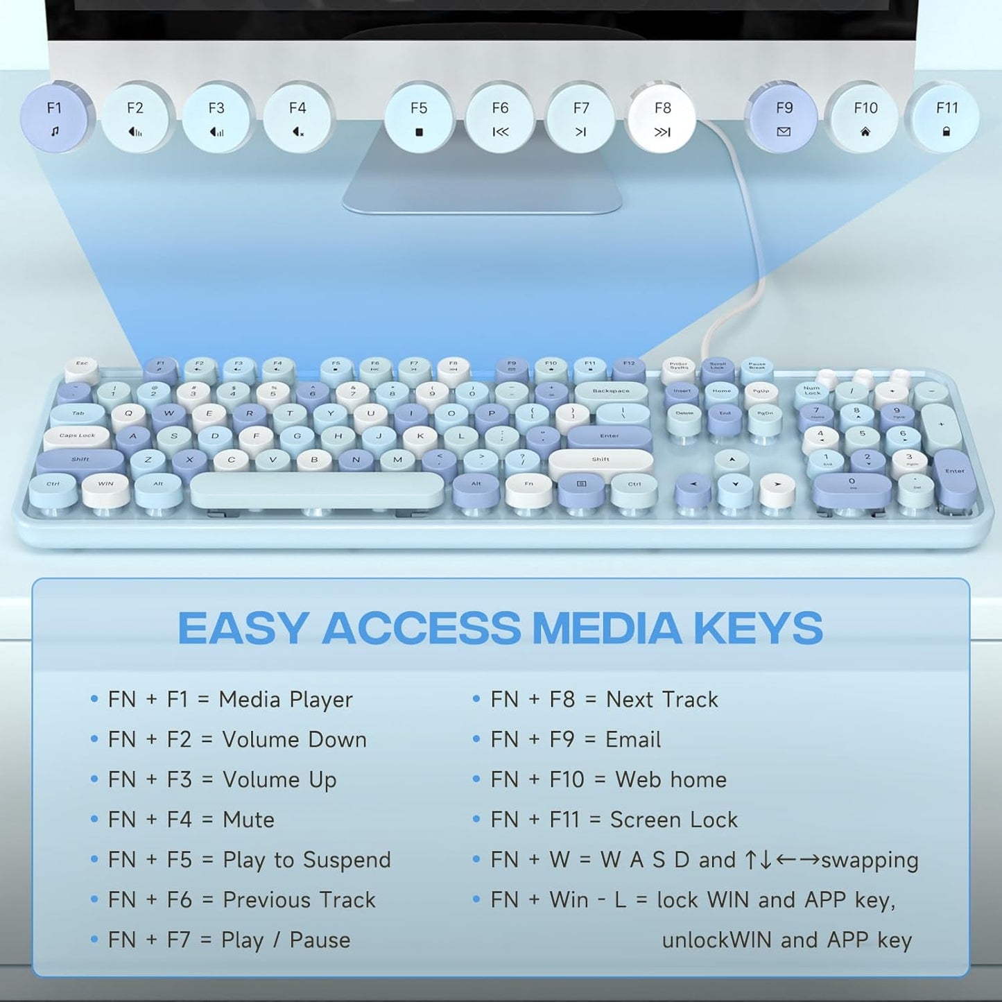USB Wired Computer Keyboard - Retro Typewriter Keyboard - Full Size Office Keyboard with Number Pad, Caps Indicators, Foldable Stands, for PC Laptop Desktop Windows (Blue Colorful)