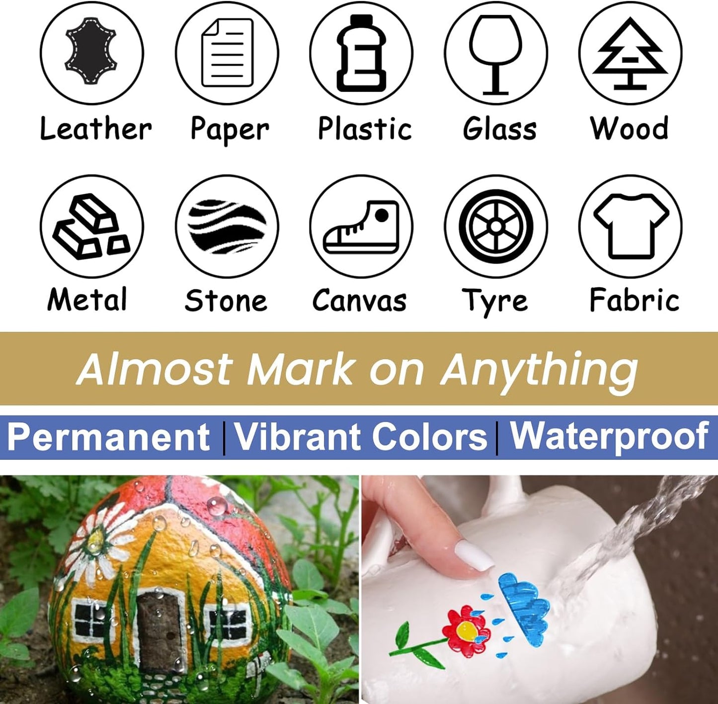 Overseas Gold Paint Pens - Permanent Acrylic Paint Markers 12 Pack, Water-Based, Quick Dry, Waterproof Marker Pen for Rock, Wood, Plastic, Metal, Canvas, Glass, Fabric, Card, Mugs. Medium Tip