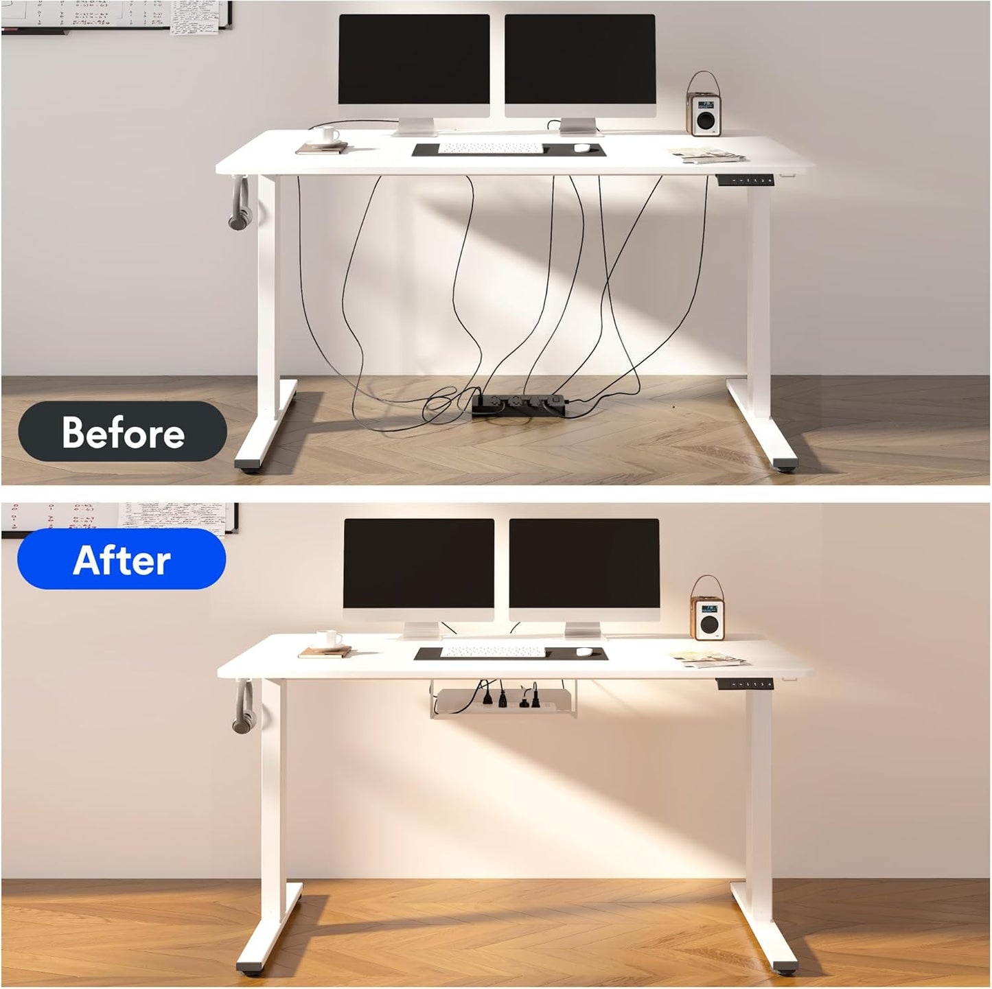 FLEXISPOT EN2 Whole-Piece Standing Desk with Clamp Power Strip, 55 x 28 Electric Stand Up Height Adjustable Desk with Cable Management (White Frame + 55" White Top,2 Packages)