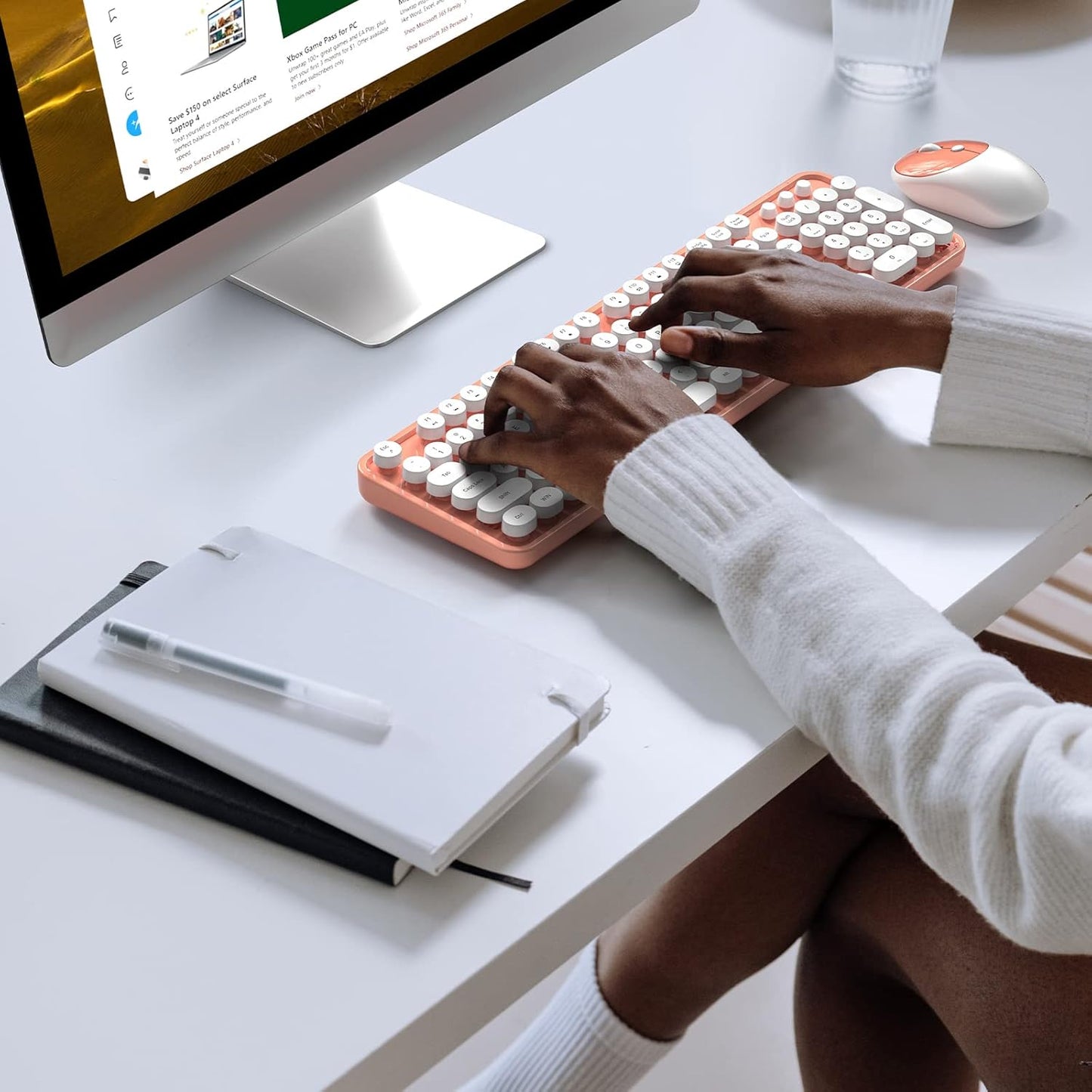 Wireless Keyboard and Mouse Combo, MOWUX Full Size Typewriter Retro Round Computer Keyboard, Mouse Wireless, Plug and Play, for Laptop, PC, Computer- Orange