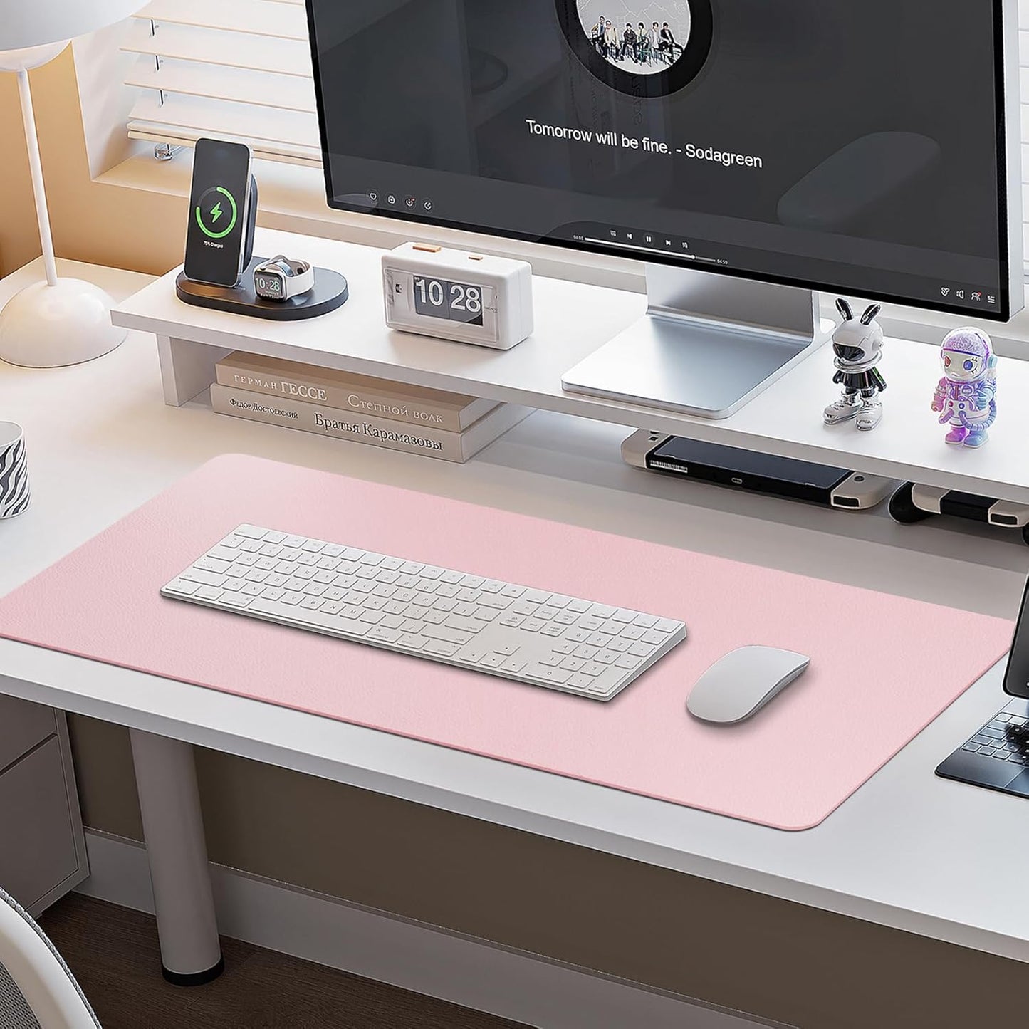 Boutilon Leather Desk Pad Protector,Non-Slip Mouse Pad,Laptop Desk Pad,Office Mouse Mat,Waterproof Leather Desk Blotter,Desk Writing Pad for Office and Home (L-Light Pink,35"x 17")