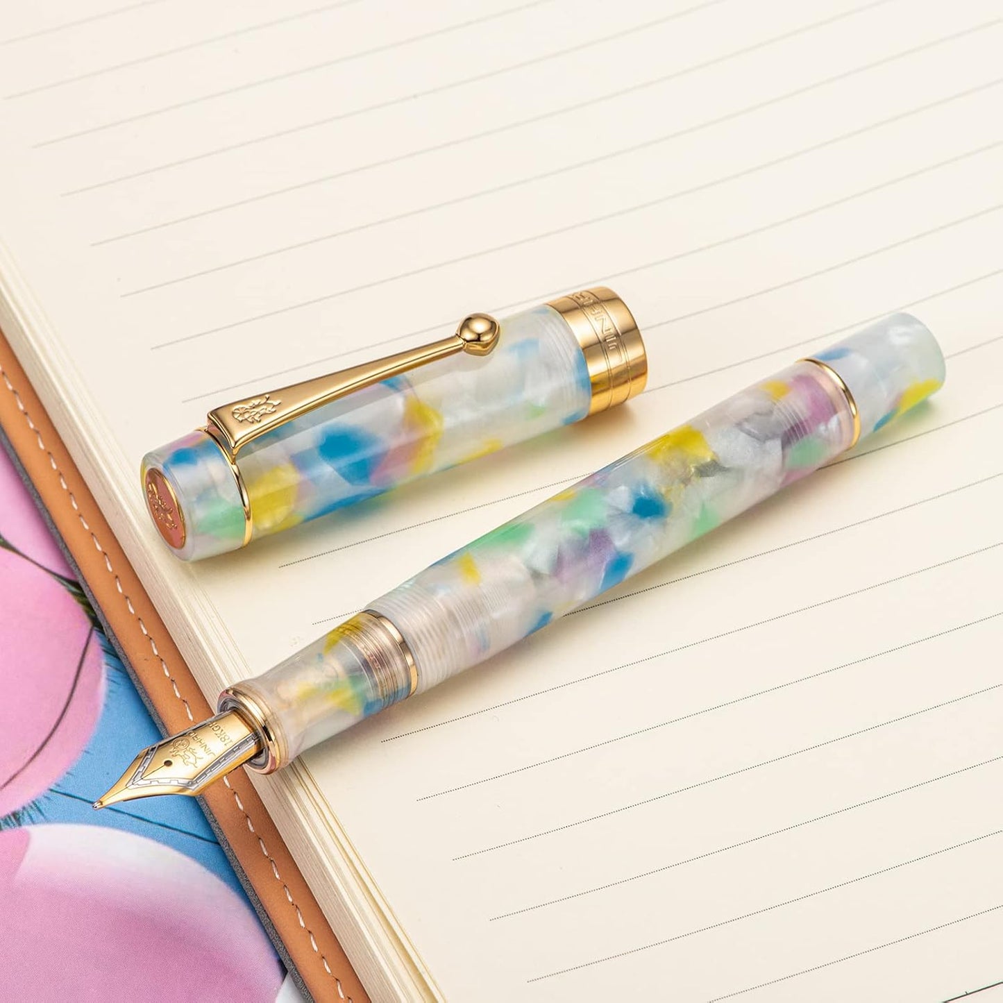 Jinhao 100 Fountain Pen Celluloid Classic Style, #6 Nib Smooth Writing Instrument with Refillable Converter and Pen Case Set