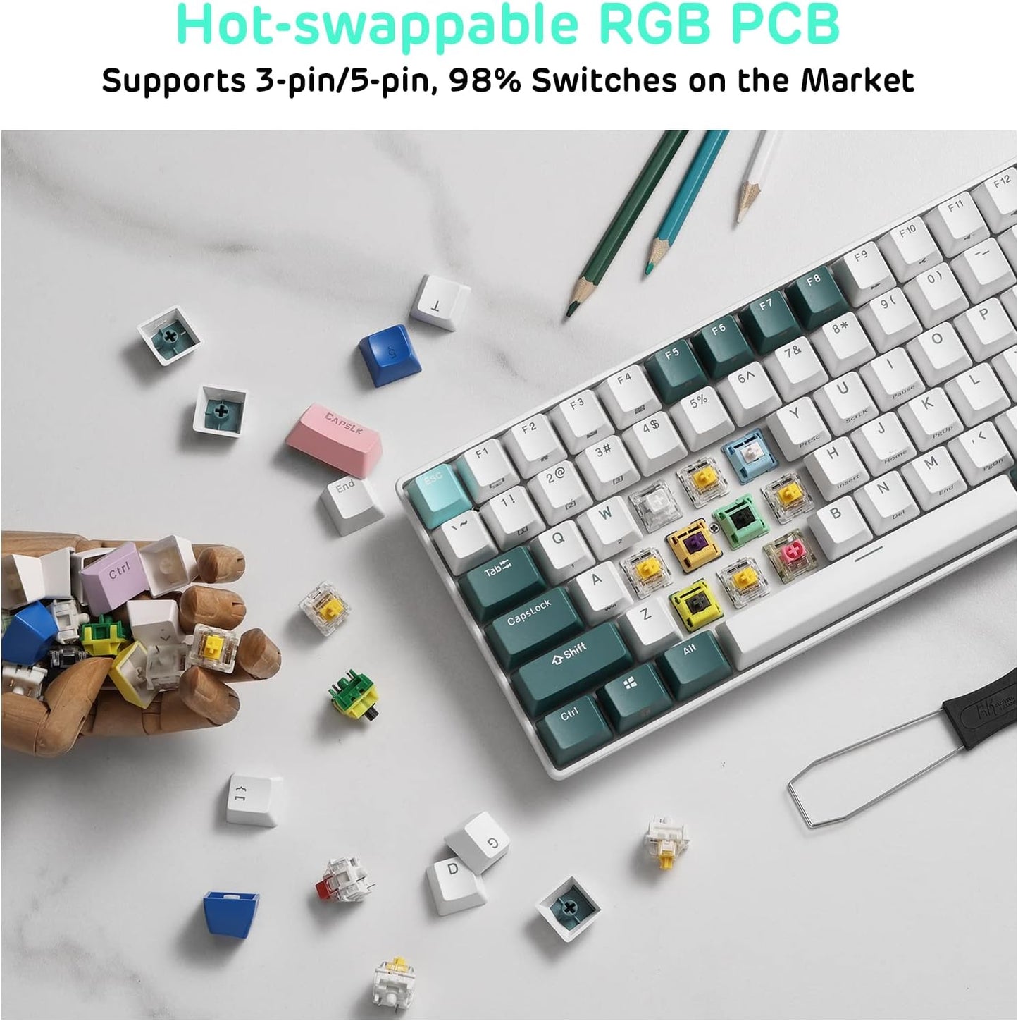 RK ROYAL KLUDGE RK96 RGB Limited Ed, 90% 96 Keys Wireless Triple Mode BT5.0/2.4G/USB-C Hot Swappable Mechanical Keyboard w/Wrist Rest, Software Support & Massive Battery, RK Yellow Switch