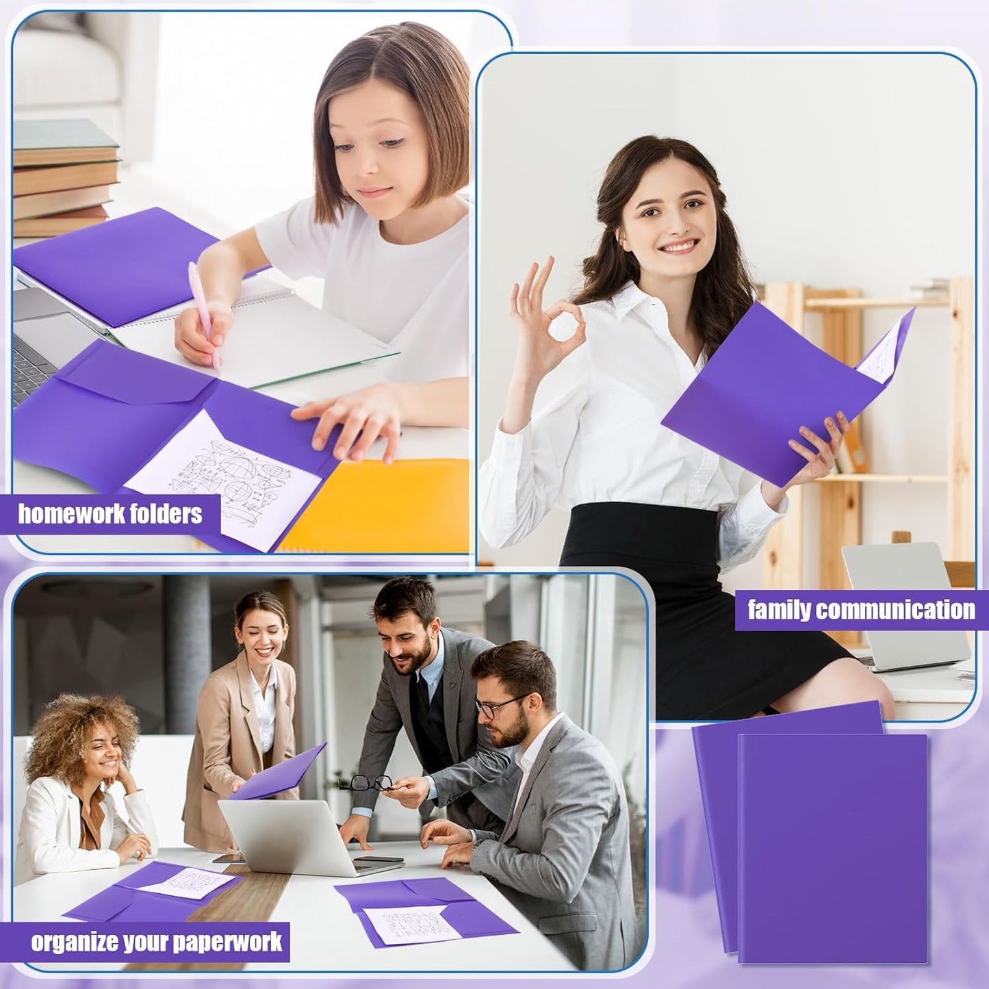 Gueevin 100 Pcs Two Pocket Folders Bulk Plastic File Folder with 2 Pockets Letter Size Paper Heavy Duty Durable Portfolios Case for Home Office School Business 11.61 x 9.45 Inch (Purple)