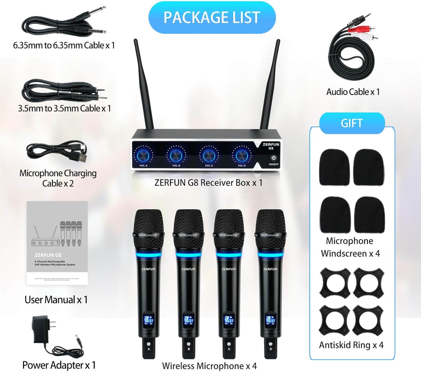 Rechargeable Wireless Microphone System 4 Channel Pro, UHF Metal Handheld Wireless Mics Cordless for Church Karaoke Singing with Volume Control, 4x50 Frequency(G8)