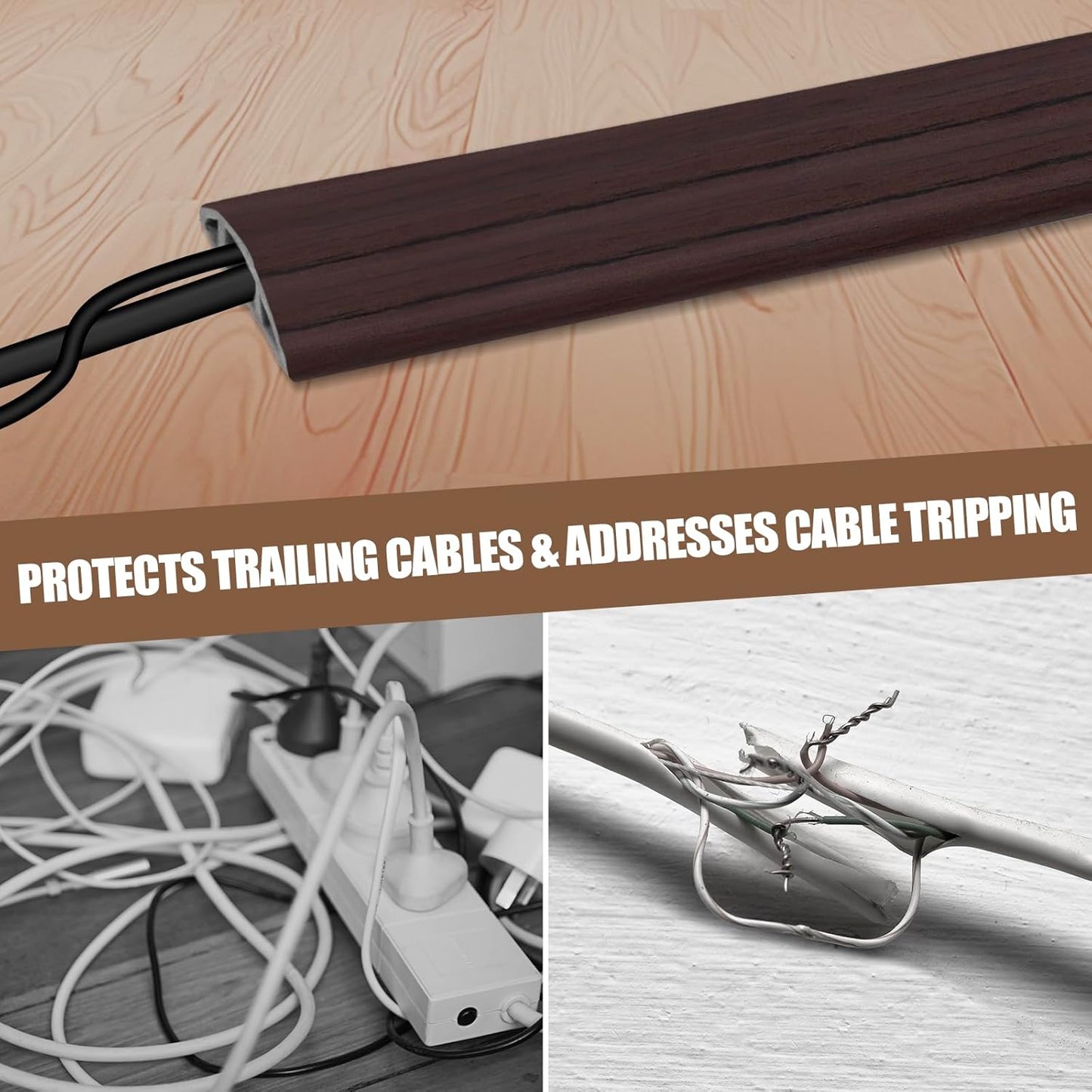 Floor Cord Cover Self Adhesive Cord Hider,10FT Cable Management, Extension Strip Protector for Wires, Prevent Cable Trips for Offices, Gyms, Exhibitions Cavity:0.51"(W) x 0.3"(H) Black Wood