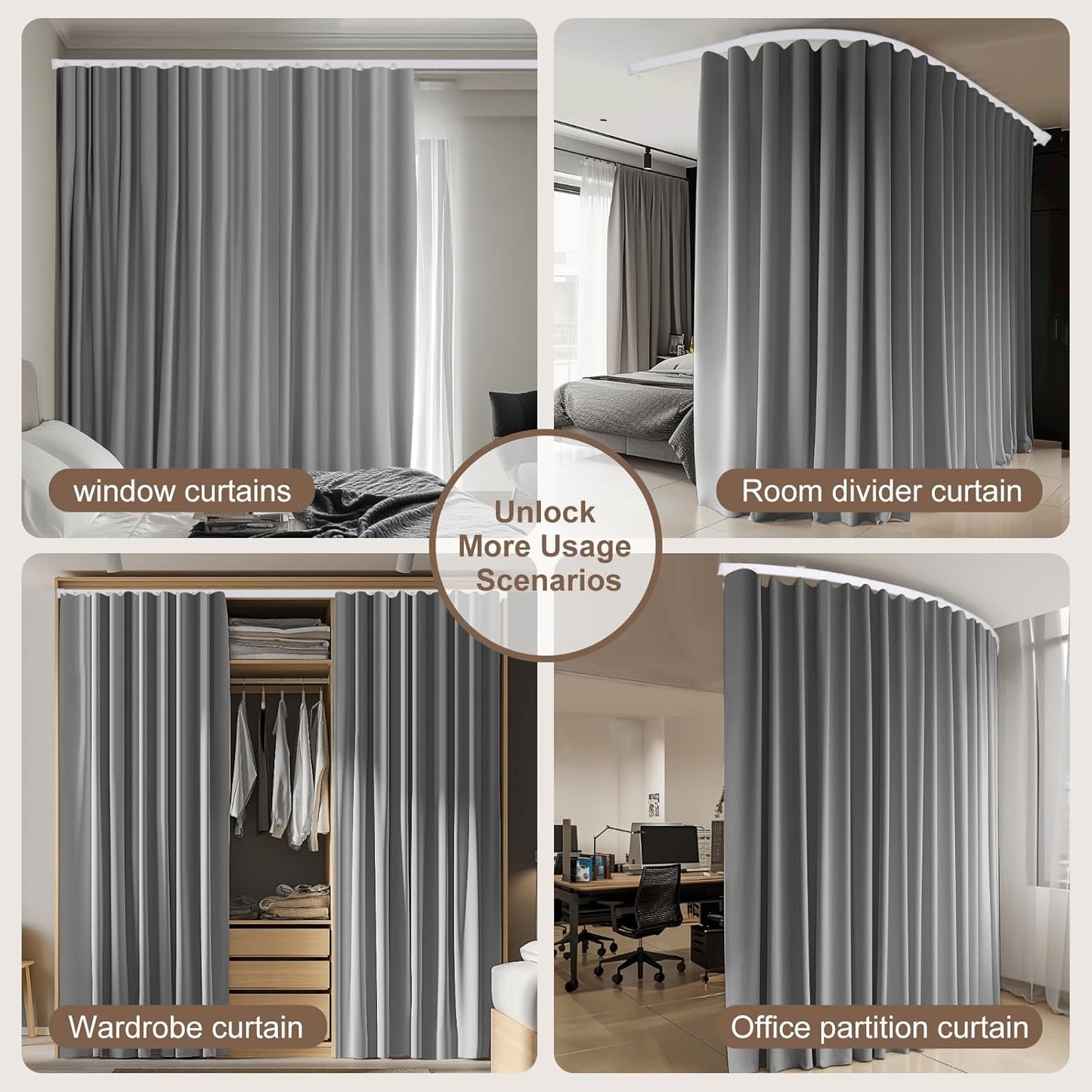 Room Divider Curtains & Flexible Bendable Tracks Set,Privacy Dividers Ceiling Track Curtain Window Blackout Curtains for Living Room Bedroom (W150 × H96 in 1 Panel Grey Drape & White Rail)