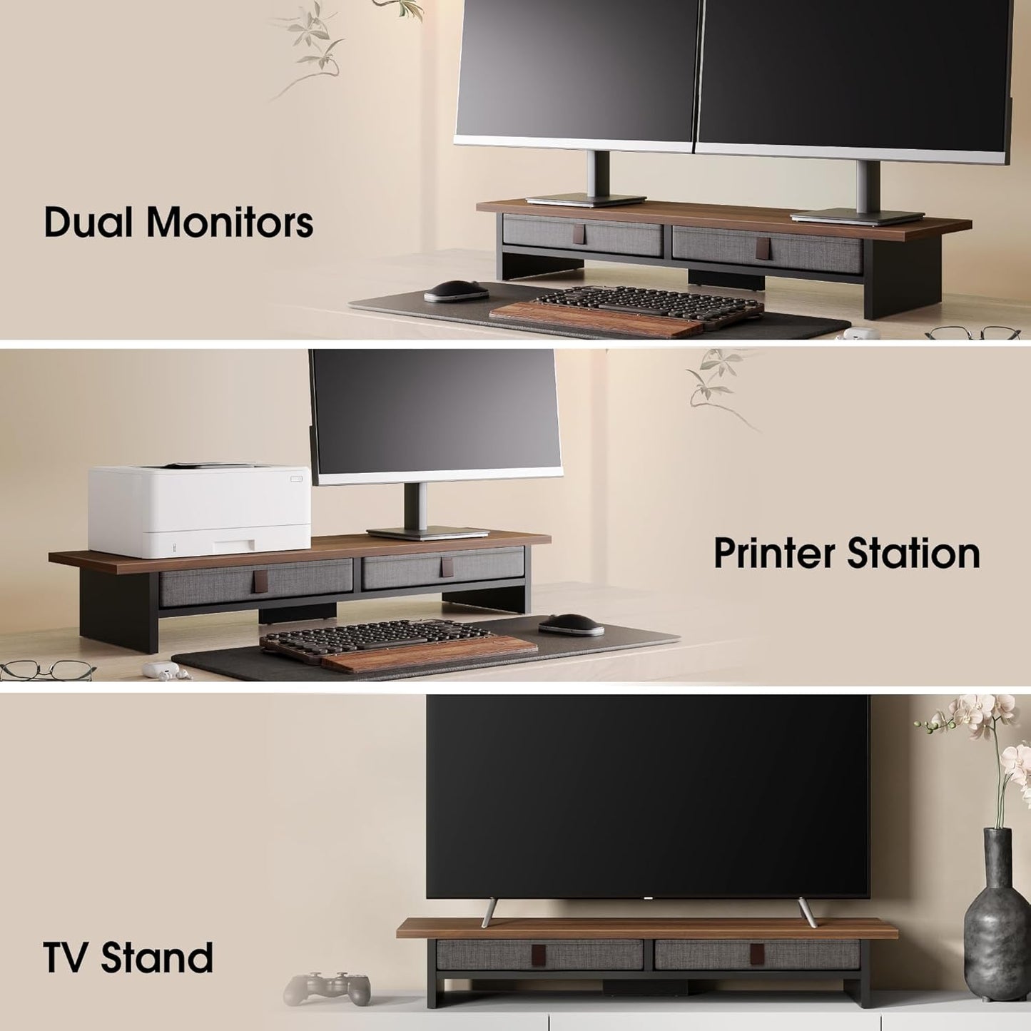 Fenge Monitor Stand with Drawer, 2 Tiers Dual Monitor Riser for Desk, 35 Inch Computer Stand for 2 Monitors, Desk Shelf for Home, Office, Laptop, PC, TV, Printer