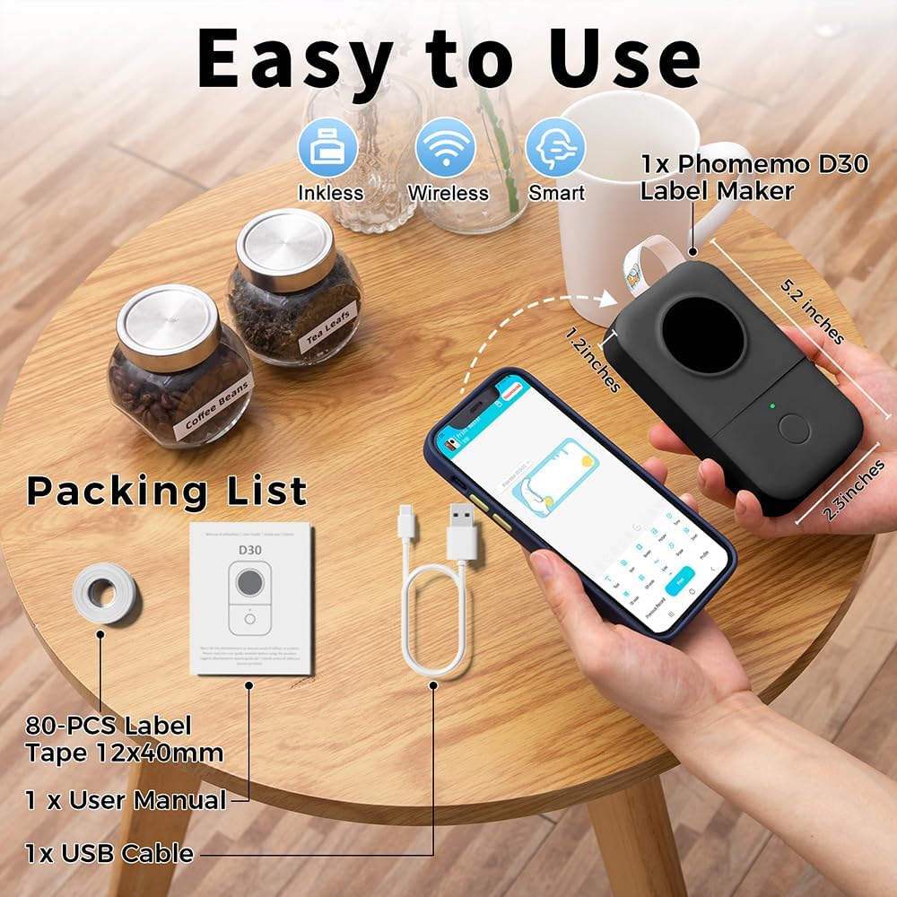 Phomemo D30 Label Maker Machine, Bluetooth Mini Label Maker for Kids School Items, Inkless Thermal Label Printer Portable Sticker Maker for Classroom Home Small Business Organizing