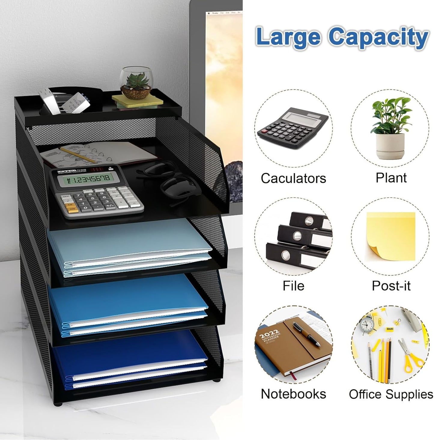 Natwind 4-Tier Desk Organizer,Stackable Paper Tray, Desk Accessories,Metal Mesh Desktop Organizer, Paper Sorter, Letter Trays,File Document Storage Rack for for Home, Office, School (Black)