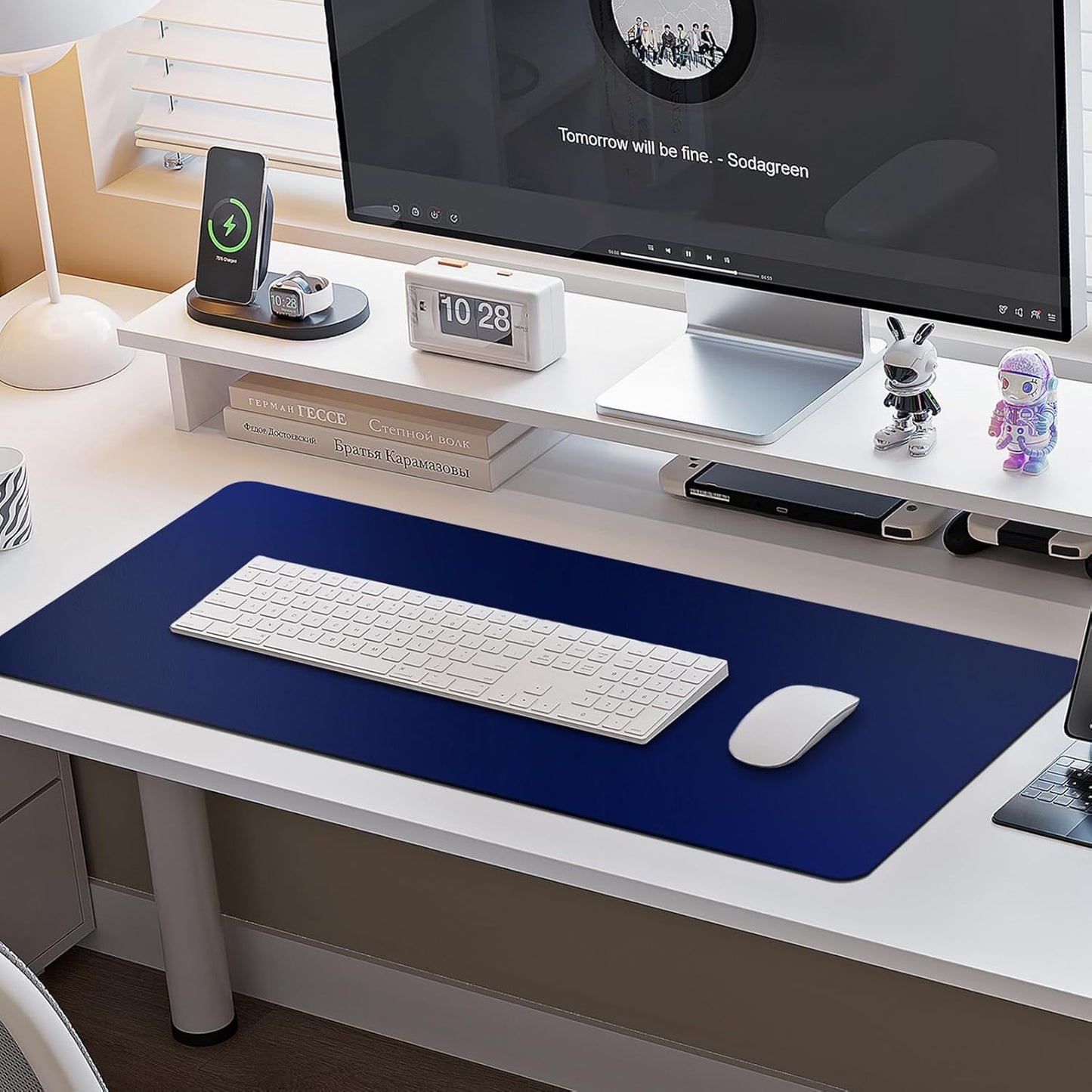 Boutilon Leather Desk Pad Protector,Non-Slip Mouse Pad,Laptop Desk Pad,Office Mouse Mat,Waterproof Leather Desk Blotter,Desk Writing Pad for Office and Home (L-Navy,35"x 17")