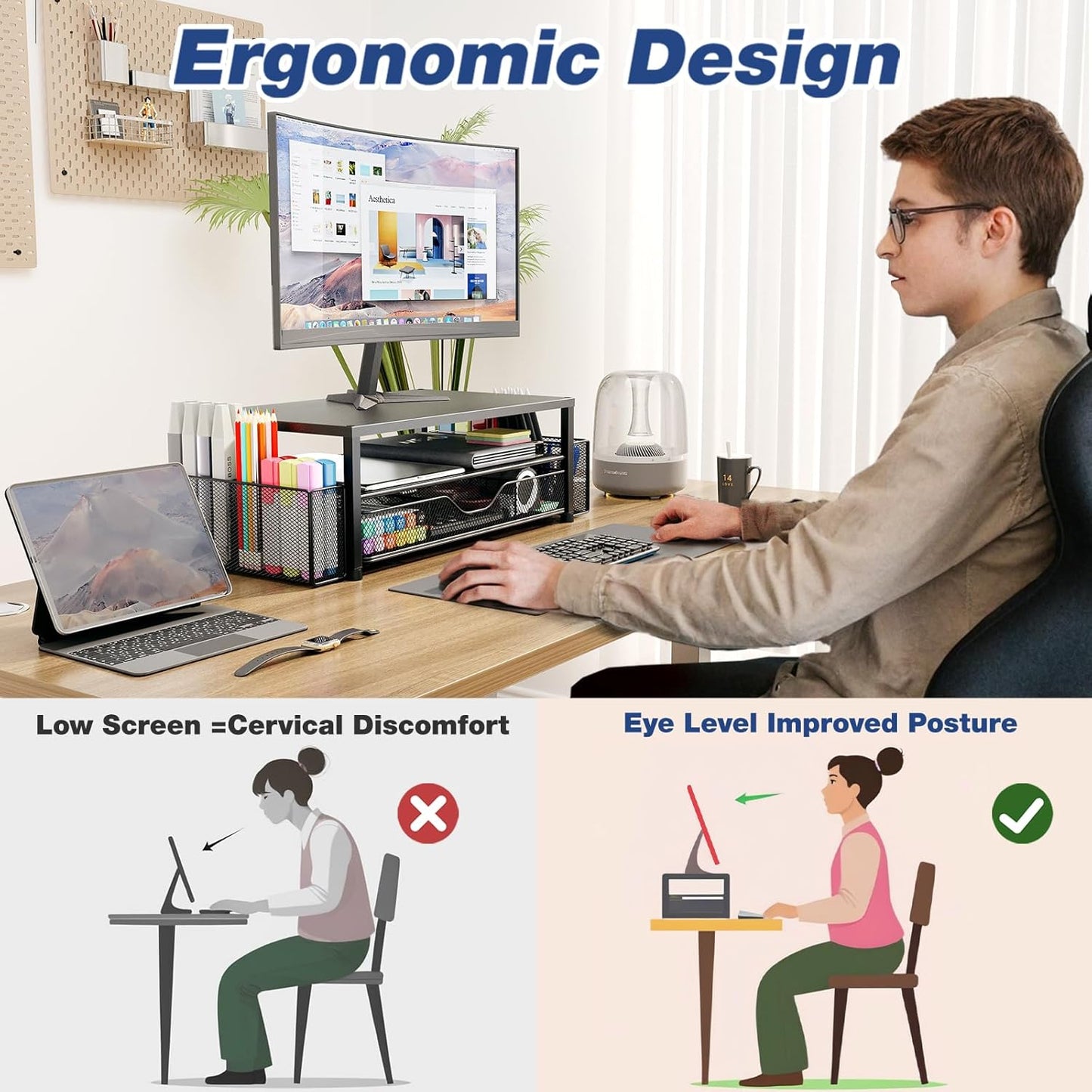 Desk Organizers and Accessories, 2-Tier Computer Monitor Stand Riser with Drawer and 2 Pen Holders, Laptop Stand, Office Desk Accessories for Office Supplies, Pink