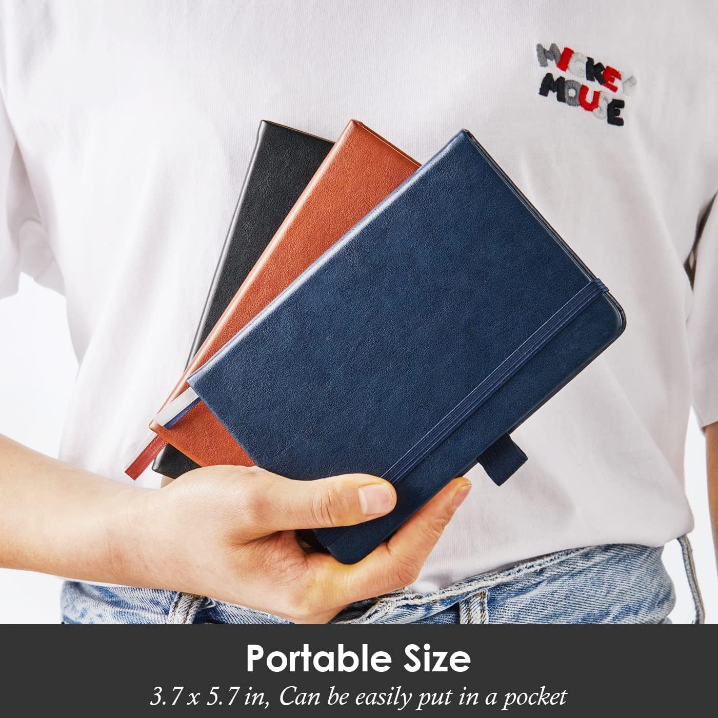 3 Pack Pocket Notebook Journals, Small Notepad Notebooks for Note Taking, A6 Mini Note pads with Pen Holder, 408 Lined Pages, 3.7" x 5.7", Black, Brown, Blue