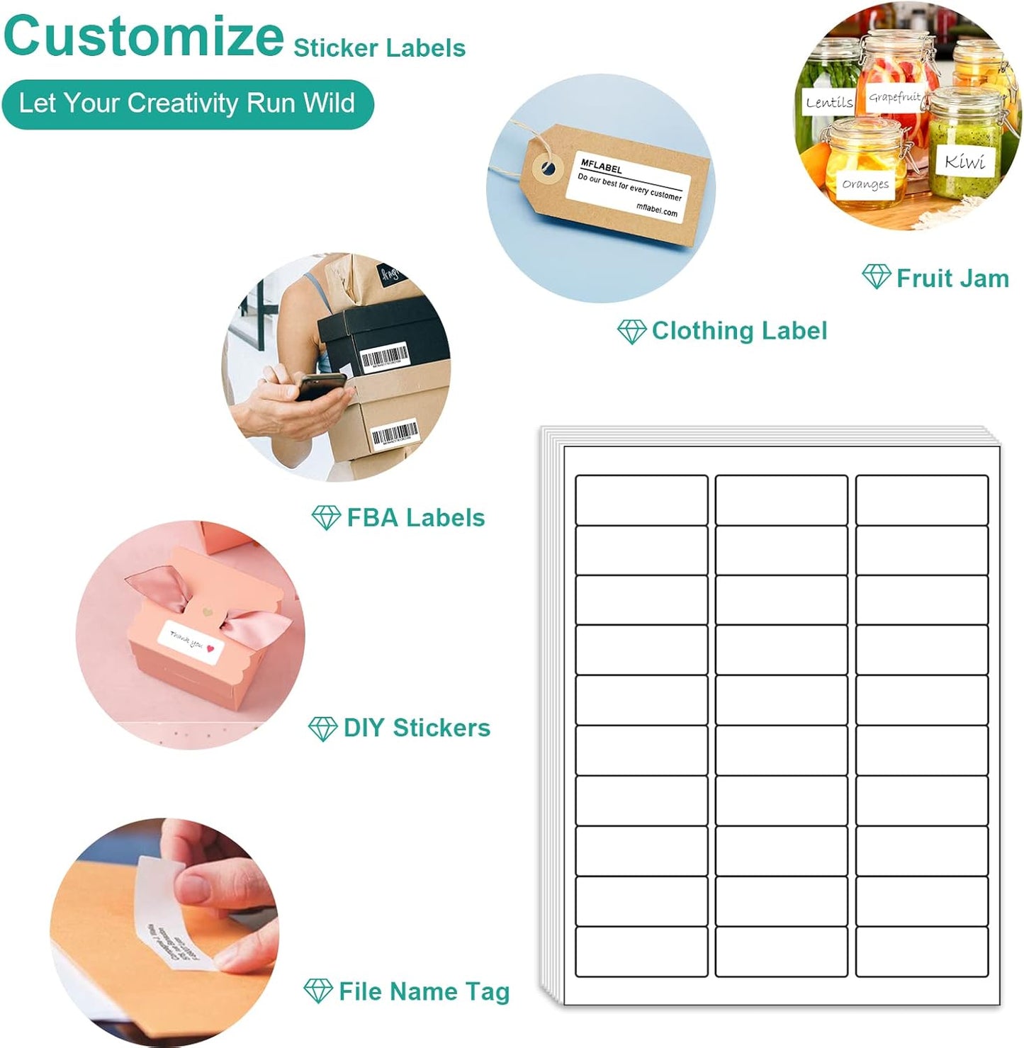 MFLABEL Address Labels, 1" x2-5/8 Mailing Labels, 30-UP White Shipping Labels for Inkjet or Laser Printer, 3000 Sticker Labels (100 Sheets), 30 Labels per Sheet