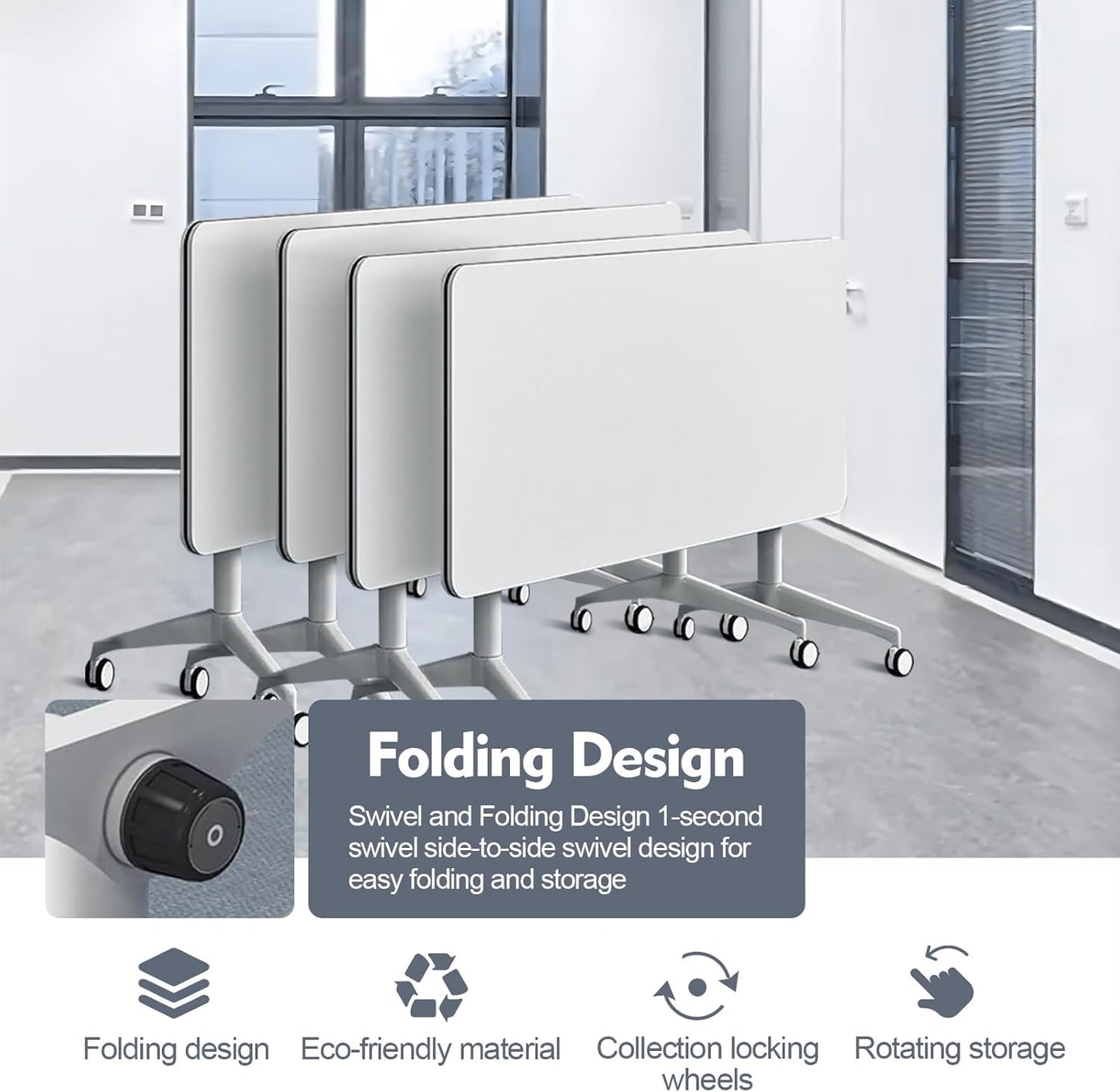Folding Conference Room Table, Modern Mobile Training Table with Wheels, White Foldable Seminar Meeting Tables for Office Corporations (2pack 70.9in)