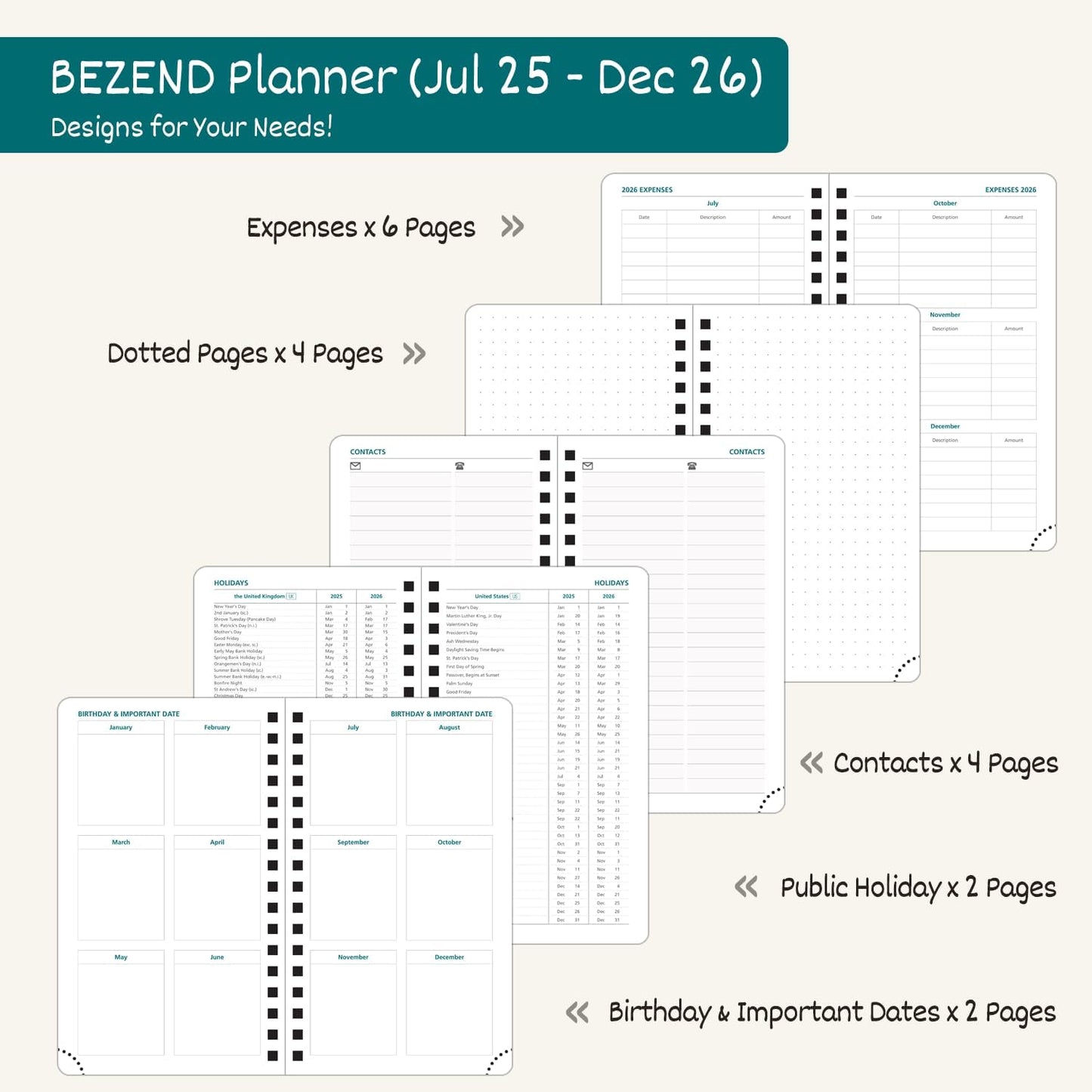 BEZEND Pocket Planner 2025-2026 Weekly with 2 Columns, 18-Month Academic Calendar (Jul 25-Dec 26), Life Work App., Storage Pocket, Pen Holder, PU Leather Softcover 3.5" x 6" Spiral - Dutch Blue
