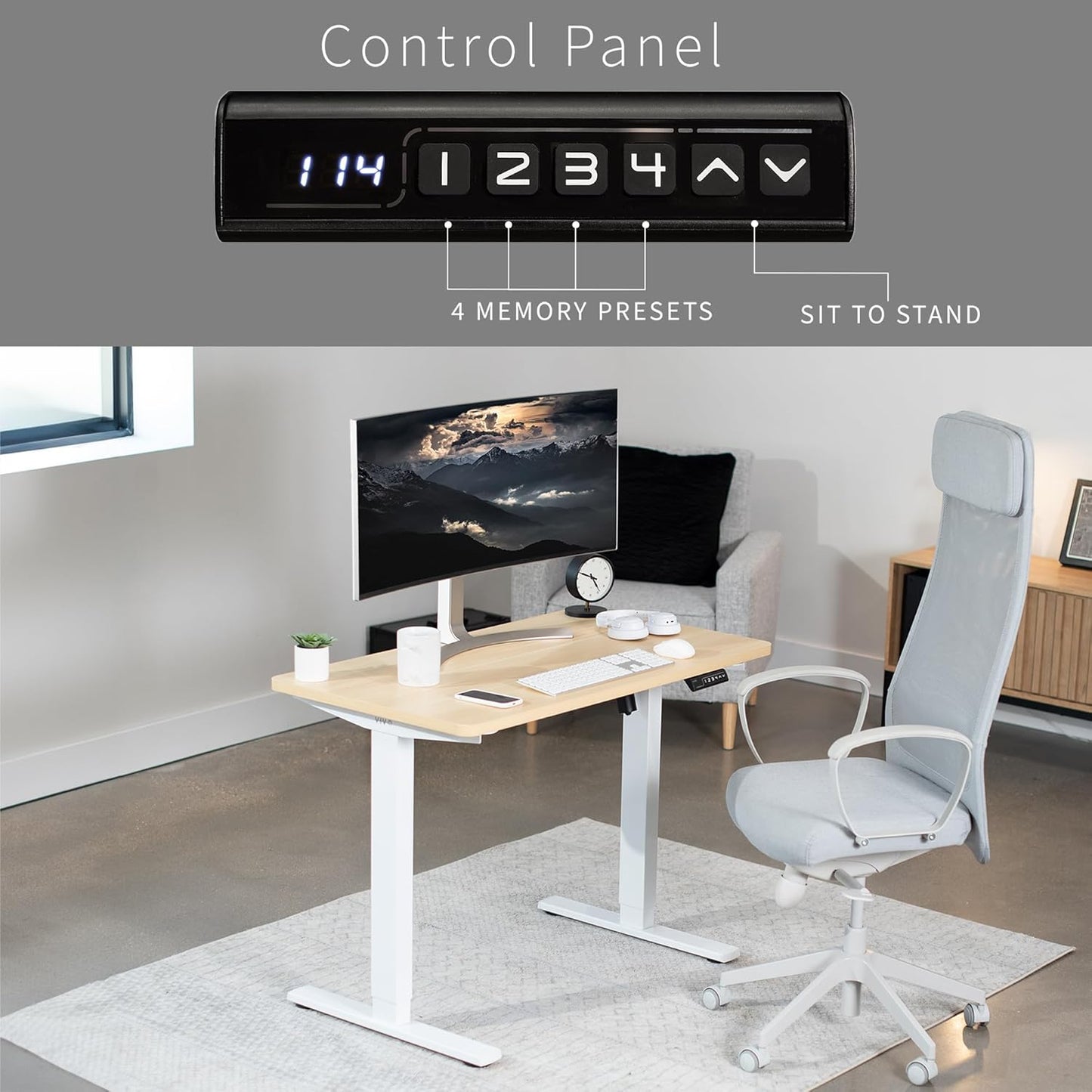 VIVO Electric 43 x 24 in Standing Desk, Memory Height Adjustment, 1B Series, One-Piece Light Wood Top, White Frame, DESK-KIT-1W4C