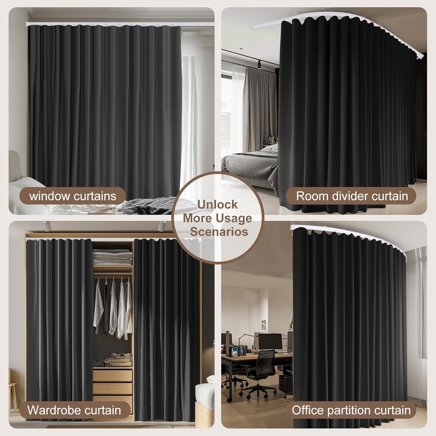 Room Divider Curtains & Flexible Bendable Tracks Set,Privacy Dividers Ceiling Track Curtain Window Blackout Curtains for Living Room Bedroom (W120 × H96 in 1 Panel Black Drape & White Rail)