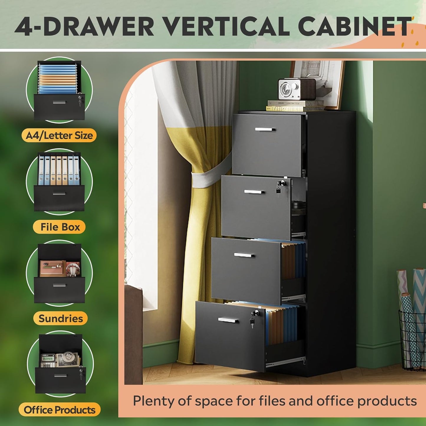 DEVAISE 4 Drawer File Cabinet with Lock, Vertical Filing Cabinet for A4/Letter Size Files, Wood Storage Organizer for Home Office, Black