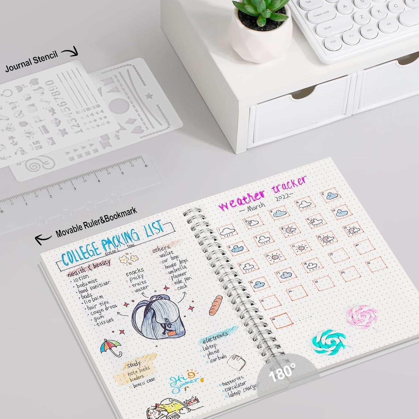 AHGXG Bullet Dotted Journal - Dot Grid Spiral Notebook A5, 160 Pages, 100 GSM Thick Paper, Waterproof Plastic Cover Journals for Bullet Journaling, Sketching, 5.7" x 8.3", Transparent