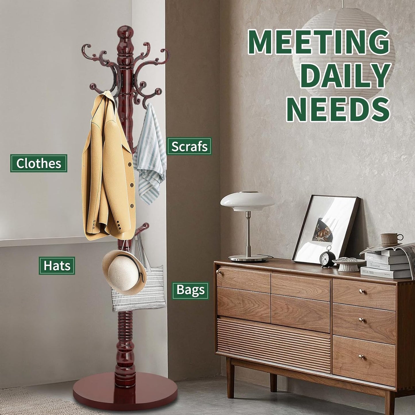 Wood Coat Rack Stand, Wooden Coat Rack Freestanding with Sturdy Round Base, Vintage Coat Racks with 14 Hooks, Natural Birch Wood Entryway Coat Tree Hanger Stand Easy to Assemble