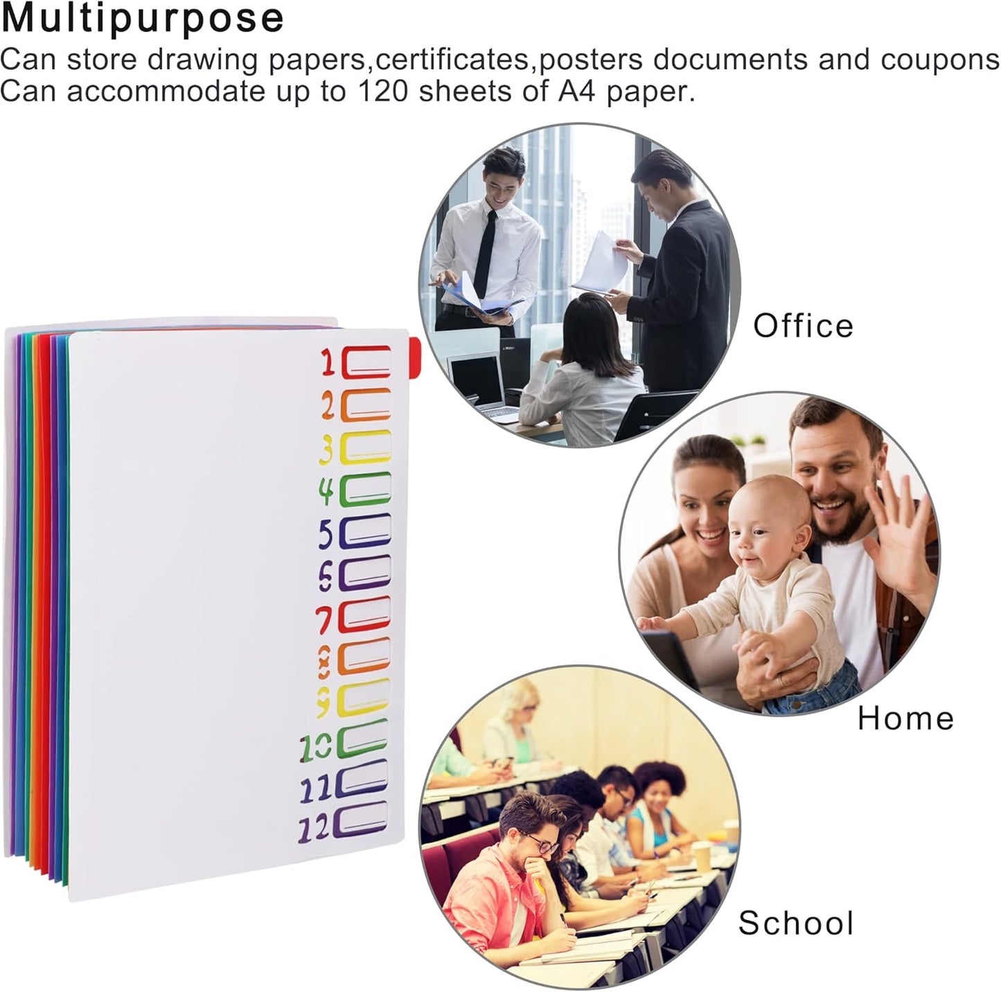 Rainbow Tab Expanding File Folder - 24 Pockets, Durable A4 Letter Size Organizer, Water-Resistant Plastic Dividers, Home/Office/School Document Holder (White)
