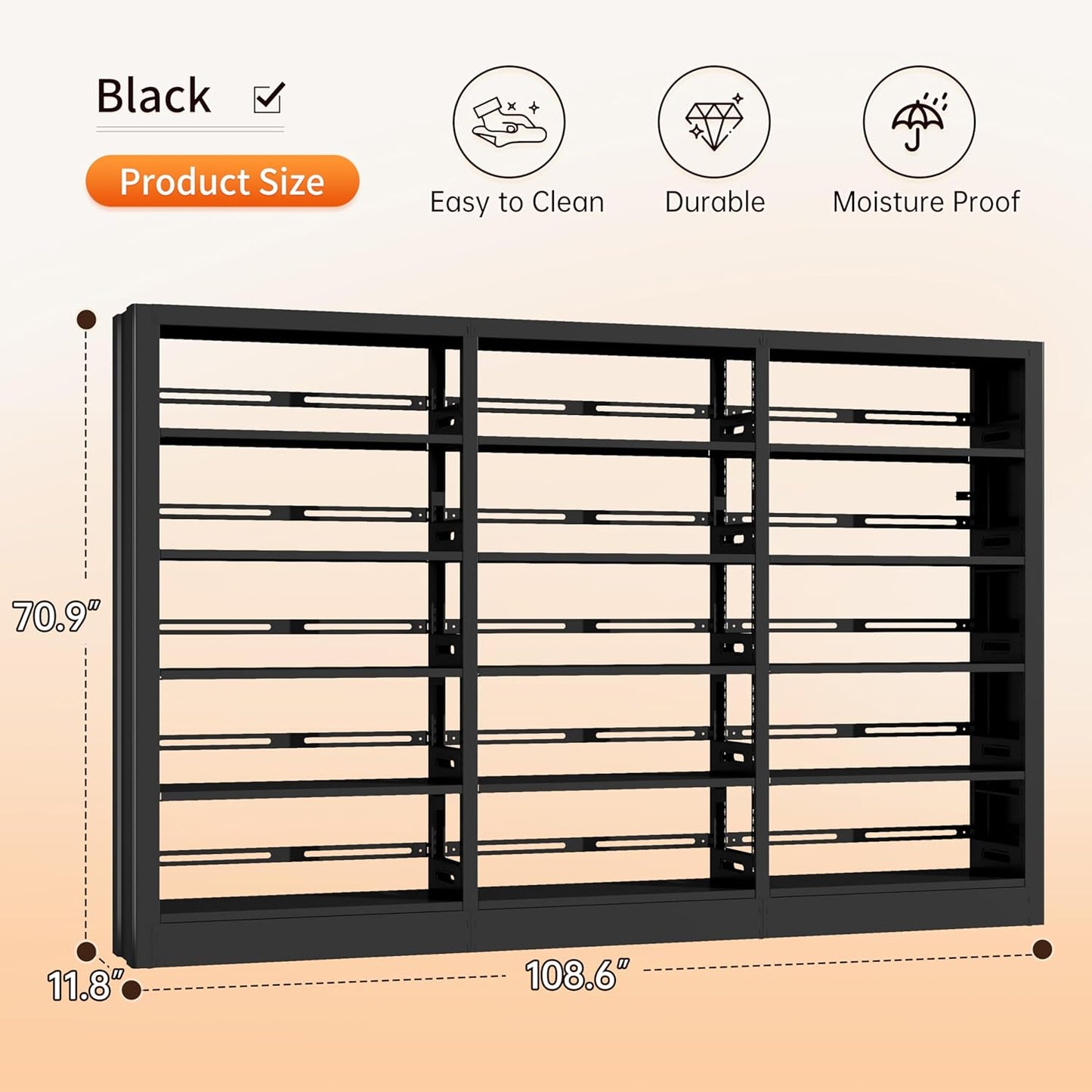 5-Tier Bookcase with Adjustable Storage Shelves, Metal Bookshelf with Book Stopper, Bookcase Shelf for Library, Office, Living Room (Black(1 Column,3 Combination Bookshelves))