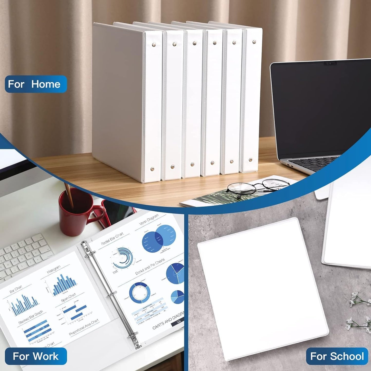 Basic 3 Ring Binder -1 or 1/2'' Binders with Roung Ring Binder, Large 100/200 Sheet Capacity, Fit 8.5" x 11" US Letter Size Paper, 12 Pack White (1'' White - 12 Packs)