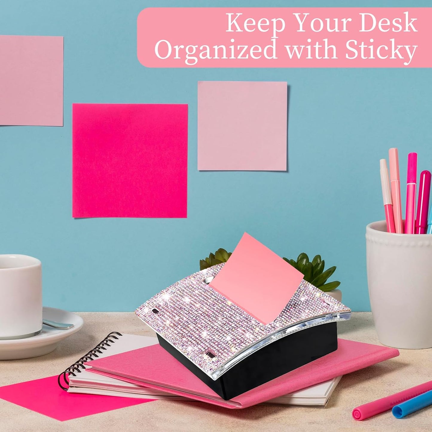 Rhinestone Self Sticky Note Holder Post it Note Dispenser Pop-Up Sticky Notes Dispenser 3 x 3 inch Post it Dispenser for Office Desk Accessories(Pink)