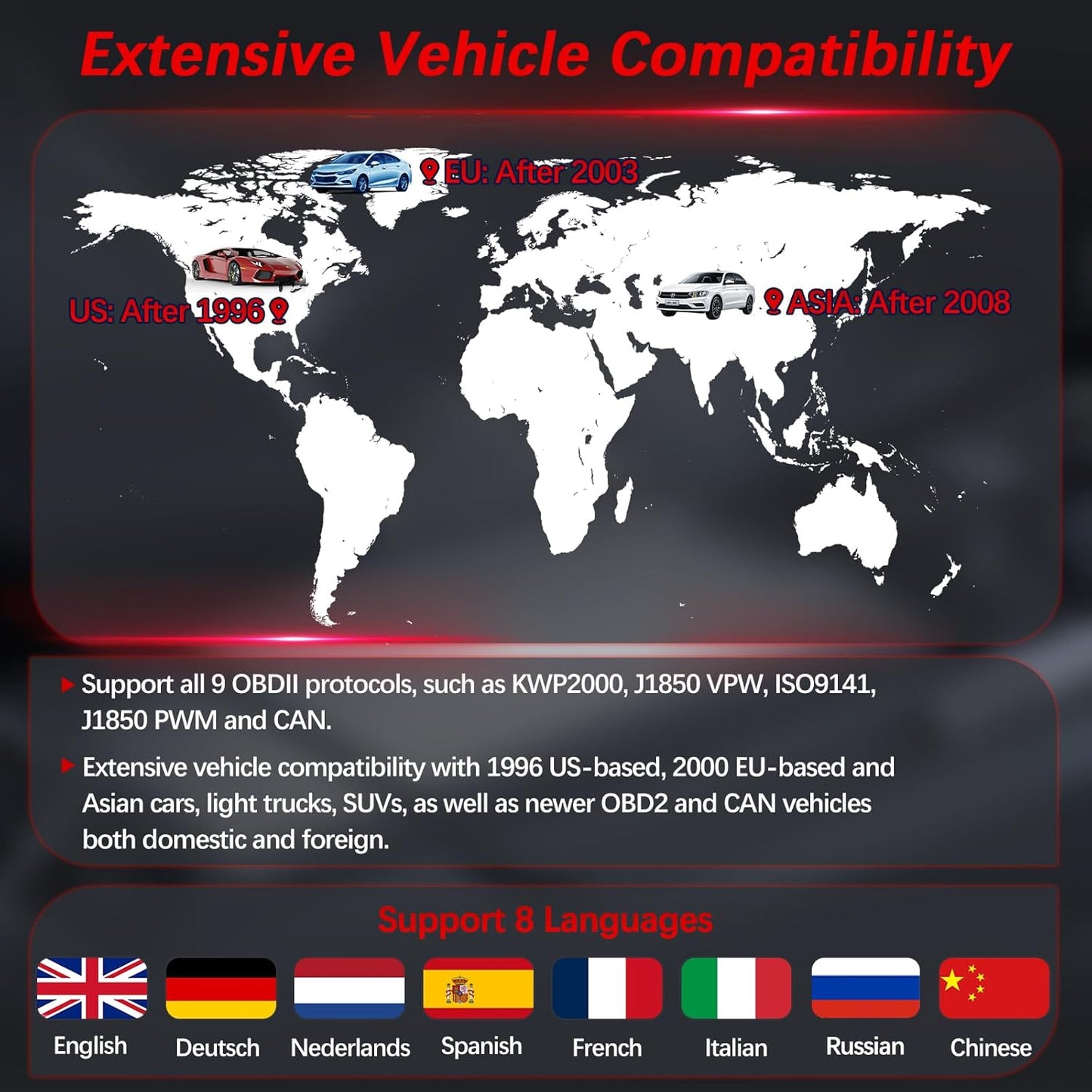 OBD2 Scanner Diagnostic Tool - Code Reader for Cars, Check Engine Light, Read/Clear Error Codes, Emissions Readiness, Battery Tester, All OBD II Vehicles Since 1996