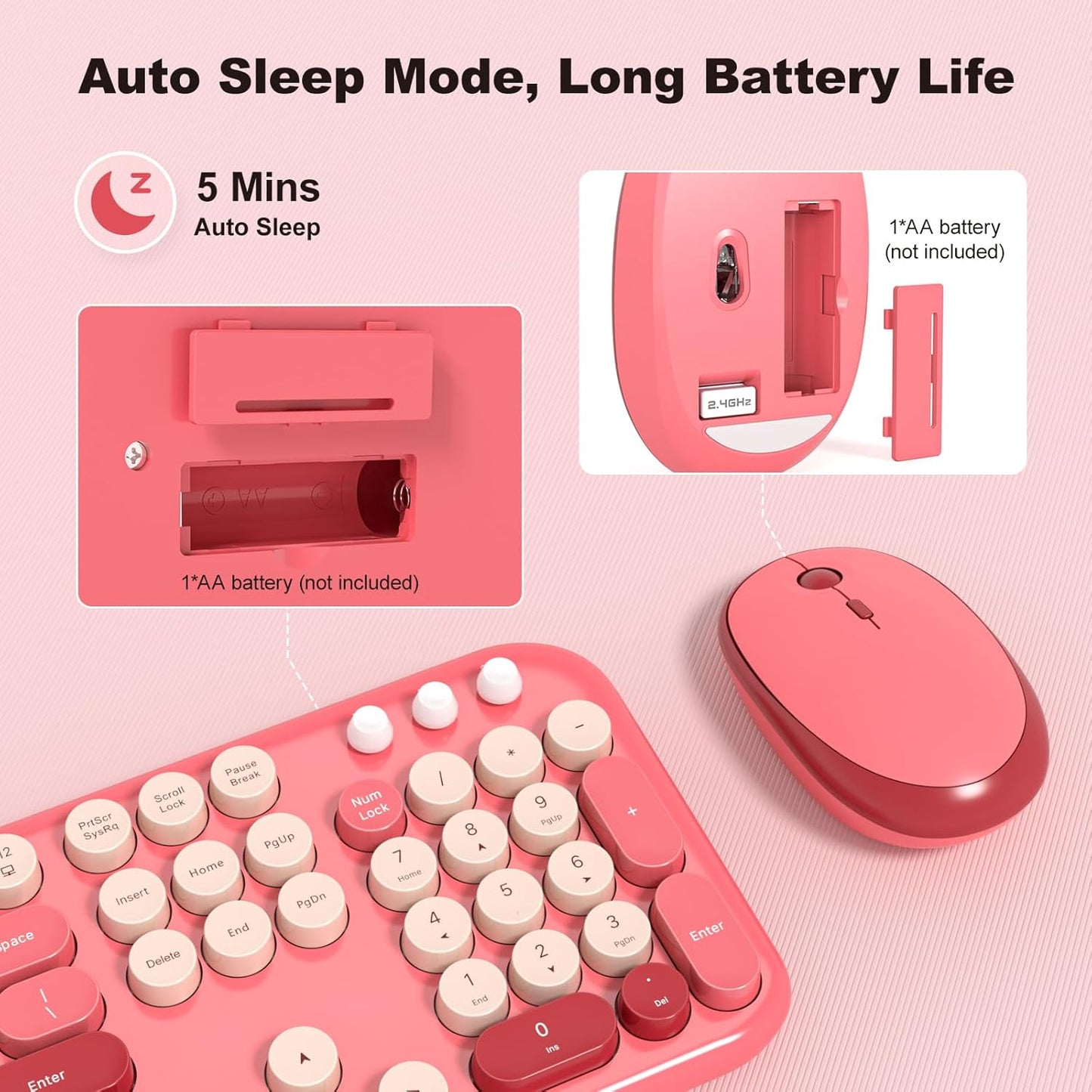 Wireless Keyboard and Mouse Combo, 2.4Ghz USB Retro Full Size Typewriter Keyboard and Cute Mouse Set for Windows 7/8/10, Laptop, Desktop, PC, Computer