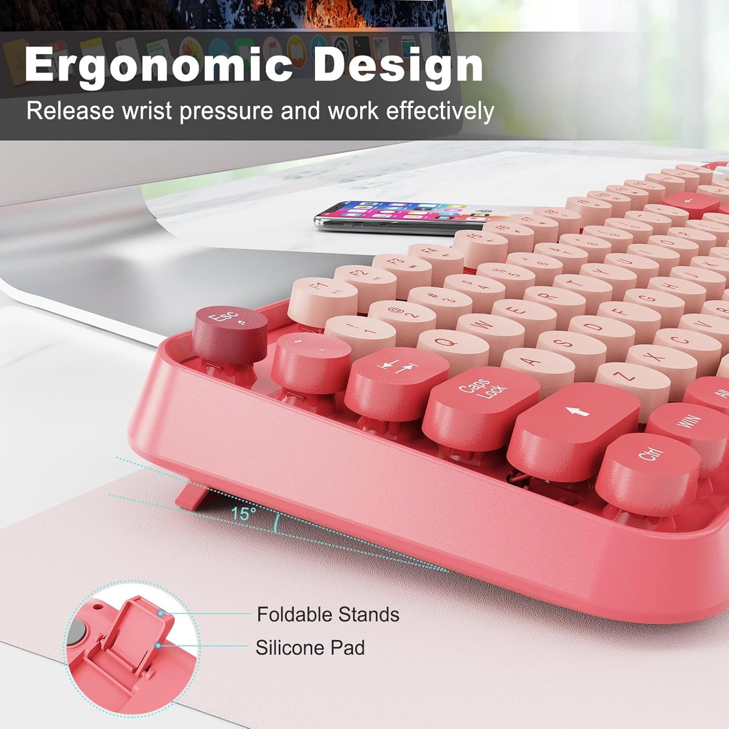 Wireless Keyboard and Mouse Combo, 104 Round Keys Cute Colorful Keyboard and Mouse with Retro Typewriter for PC/Mac/Laptop/Tablet/Computer/Windows Rose