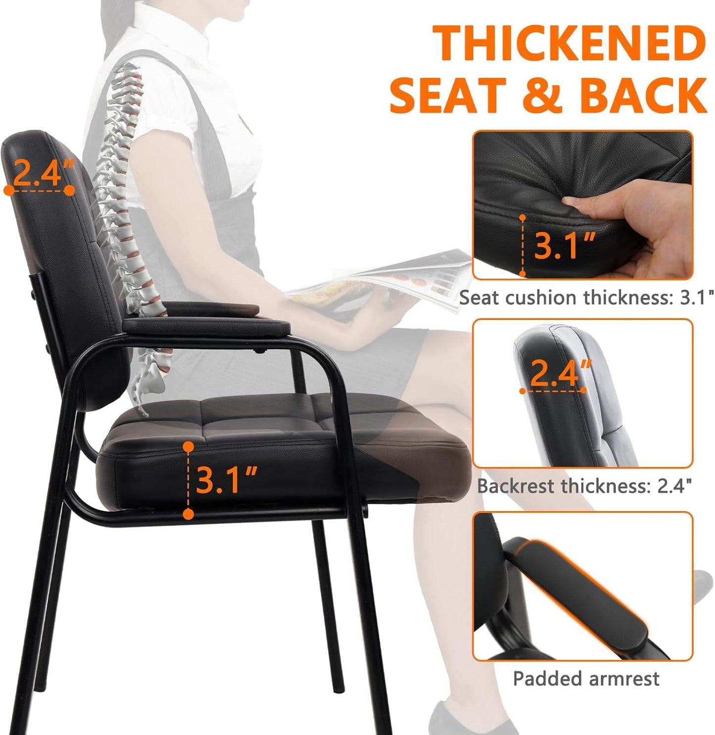 CLATINA Big & Tall 500 lbs Waiting Room Guest Chair, Leather Office Reception Chair No Wheels with Padded Arms for Elderly Home Desk Conference Room Lobby Side Salon Clinic, Black(2 Pack)