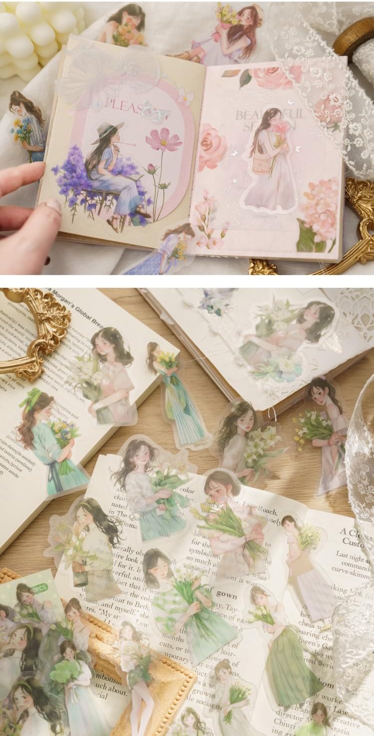 Alideco 120pcs Scrapbook Stickers Kawaii Fresh Sweet Girls People Journaling Scrapbooking Junk Journal Crafts Embelishment Decoration Diary Stickers(huaerzilianqu)