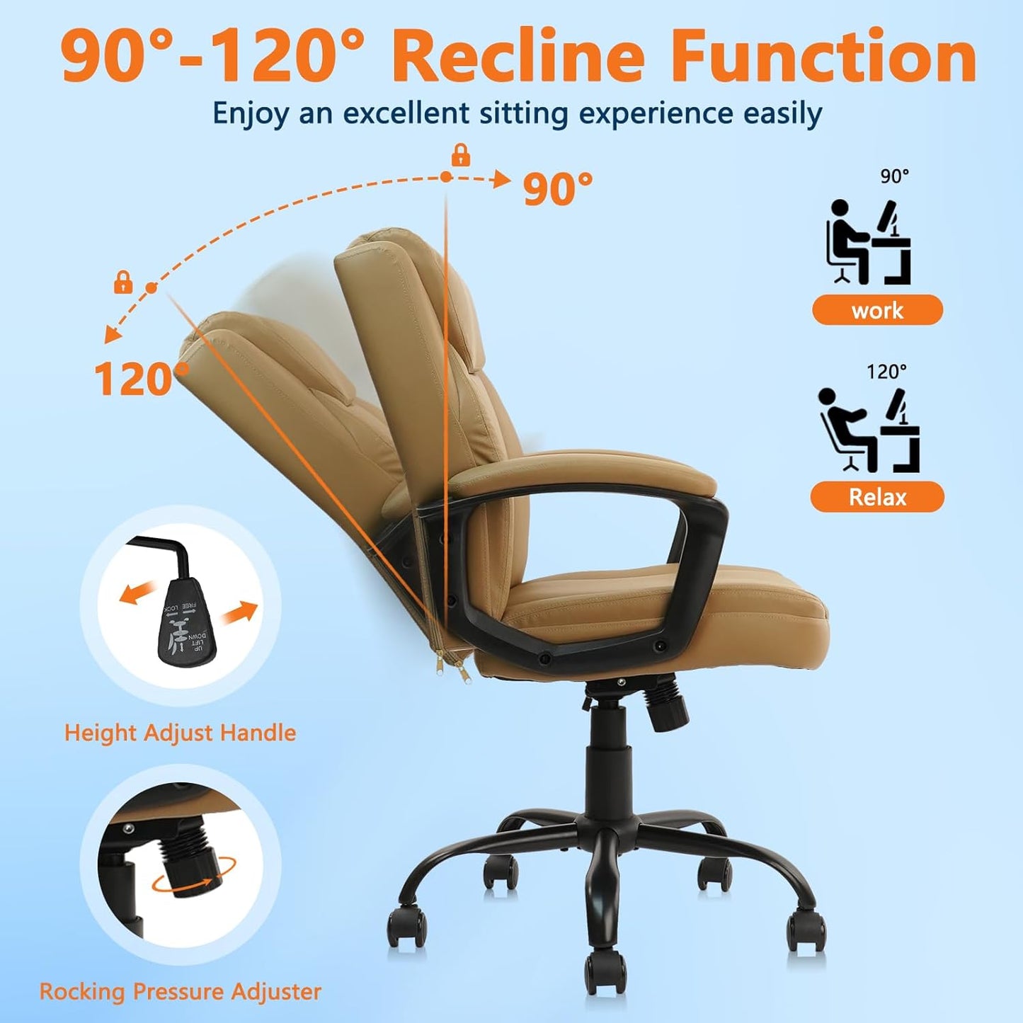 CLATINA Brown Office Computer Chair PU Leather Executive Swivel Adjustable Height Chairs with Upholstery Fixed armrest Mid-Back Leather Thick Cushion Office Chair Brown 4Pack