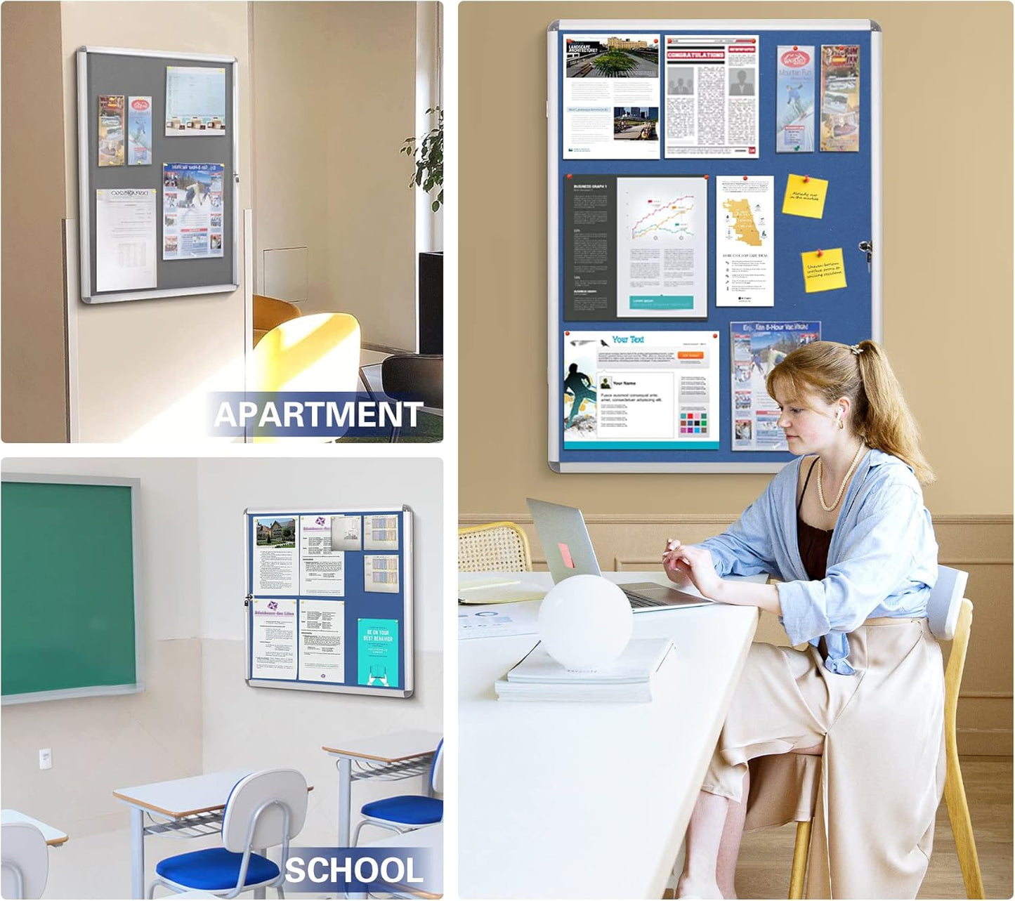 SWANCROWN Lockable Notice Board Tamperproof Enclosed Display Board for Home Office School,Wall-Mounted,Blue Fabric,26x20inch(4xA4)