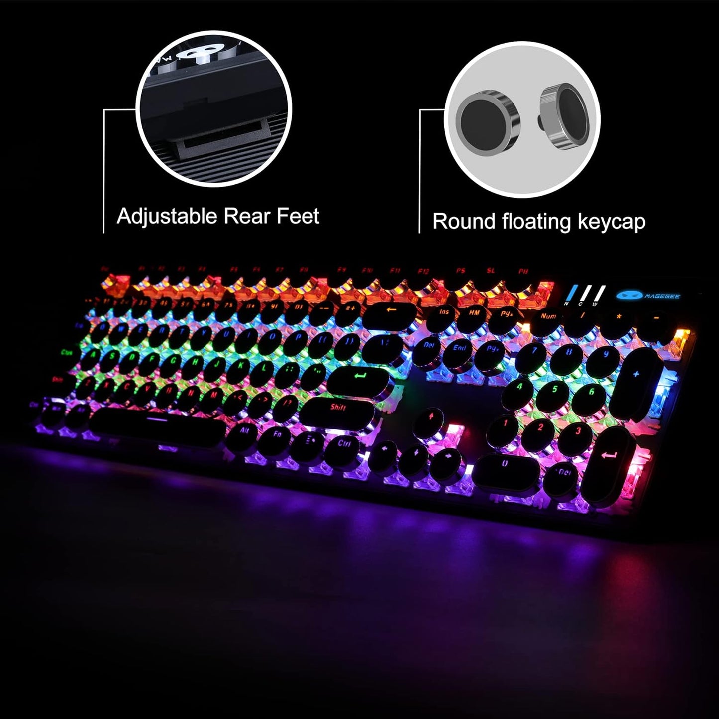 Camiysn Typewriter Style Mechanical Gaming Keyboard, Black Retro Punk Gaming Keyboard with RGB Backlit, 104 Keys Blue Switch Wired Cute Keyboards, Round Keycaps for Windows/Mac/PC