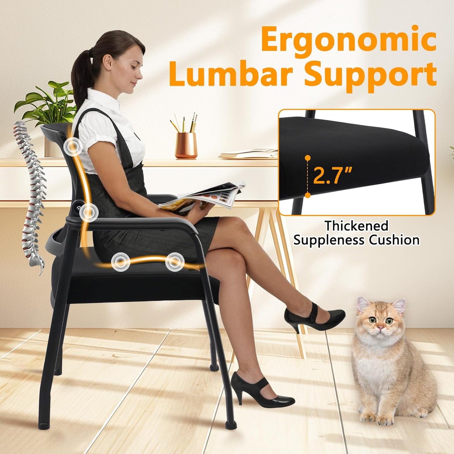 Desk Chair No Wheels with Adjustable Mesh Backrest, Arm Chair with Ergonomic Lumbar Support and Thickened Seats Cushion, Waiting Room Chairs for Office School Church Guest Reception, 8PACK