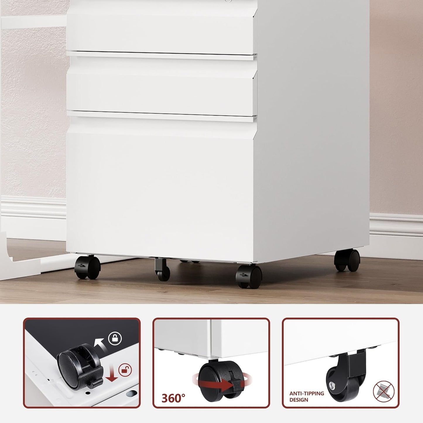 3 Drawer File Cabinet,Mobile Filing Cabinet with Lock and Wheels,Fully Assembled Metal Under Desk File Cabinets for A4/Letter/Legal Size(White