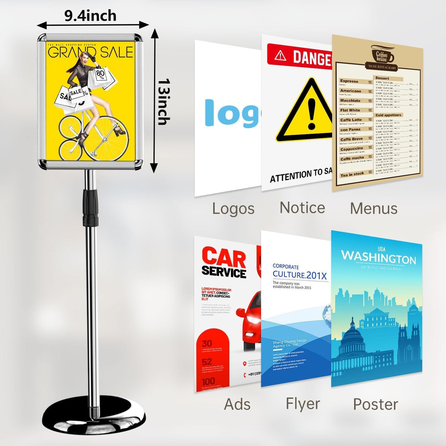 Sign Holder - 8.5 x 11 Inch Standing Floor Sign Stand for Vertical & Horizontal Sign Stand Displayed Pedestal Poster Holder, Snap Frame for School Church Business Show – Silver (6 Pack)