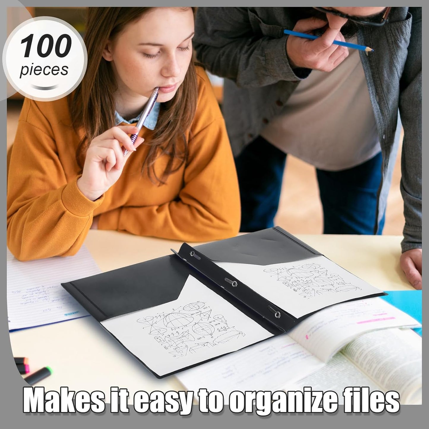 Lincia 100 Pcs Plastic Folders with Pockets and Prong Folders with Prongs Plastic Folders with 2 Pockets Pocket Folders for Office, School for Students, Teachers, Office Workers (Black)